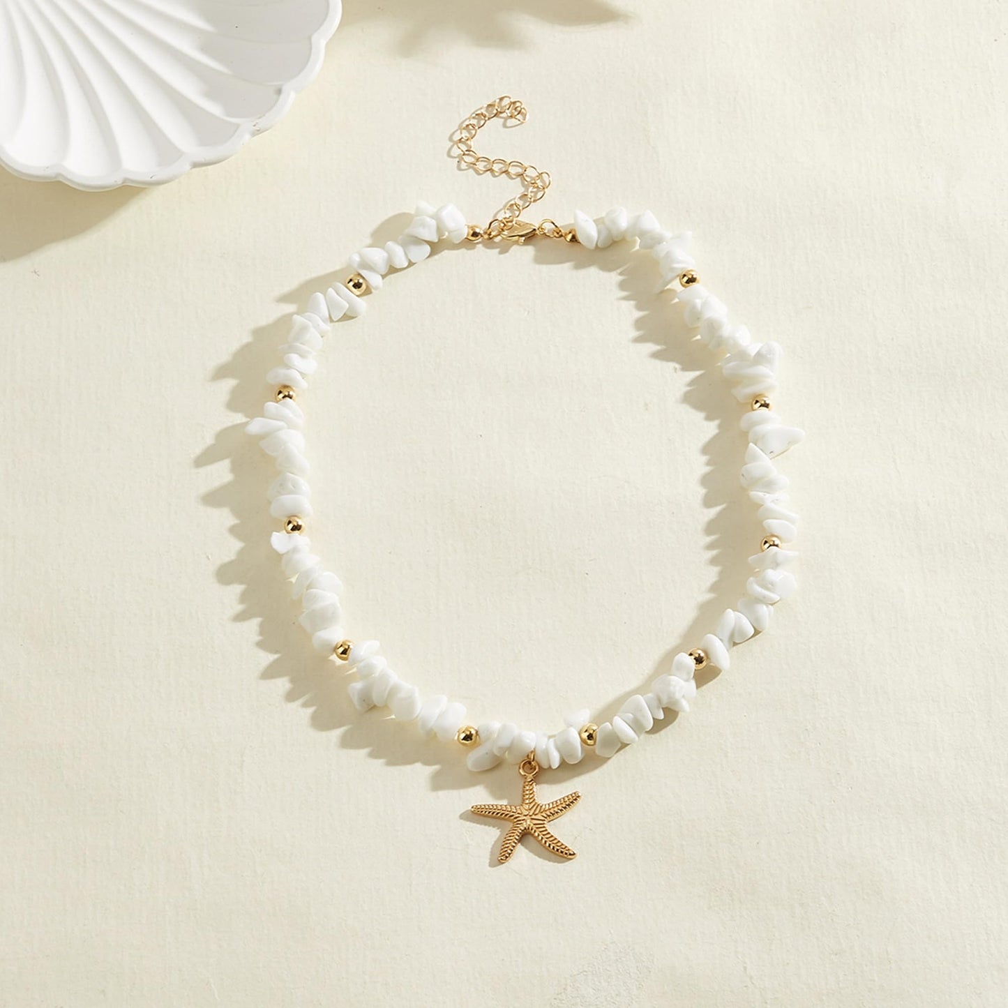 Yepelesi Gold Starfish Necklace Natural Stone Beaded Necklaces for Women Boho Handmade Irregular Stone Bead Necklace Summer Beach Ocean Jewelry Gift (White)