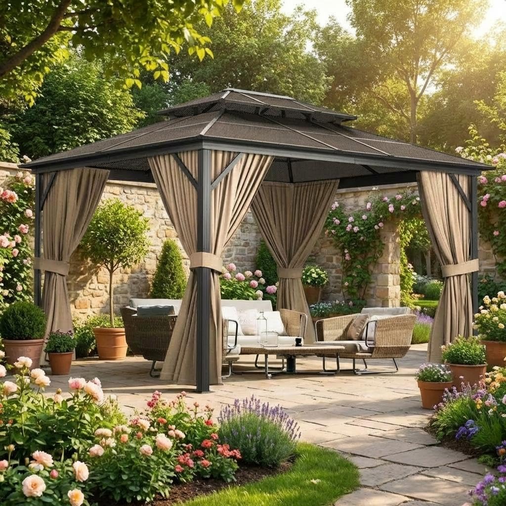 13'X10' Hardtop Gazebo, All-Weather Aluminum Frame Outdoor Canopy with Double Polycarbonate Roof, Permanent Outdoor Gazebo with Netting & Curtains for Garden, Lawns, Patio, Khaki.