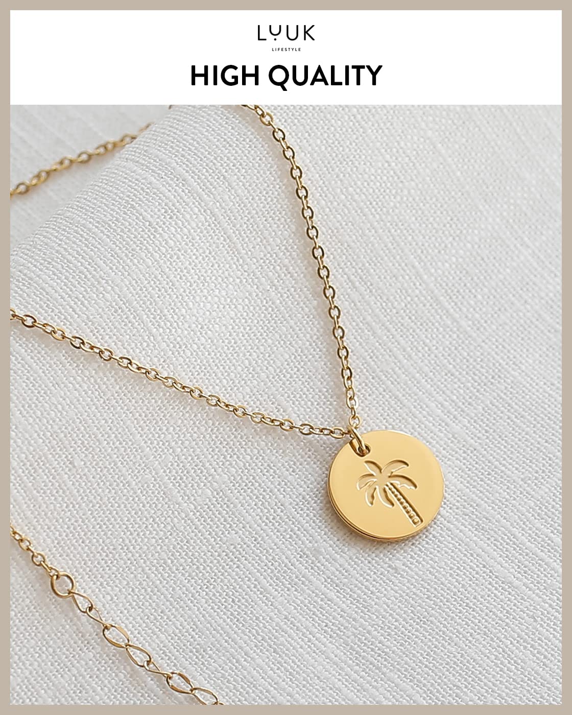 LUUK LIFESTYLE Feminine necklace for women with palm tree pendant and HAPPINESS card, modern and minimalist fashion accessory, holiday jewelry, travel lucky charm, Valentine’s Day, birthday, gold
