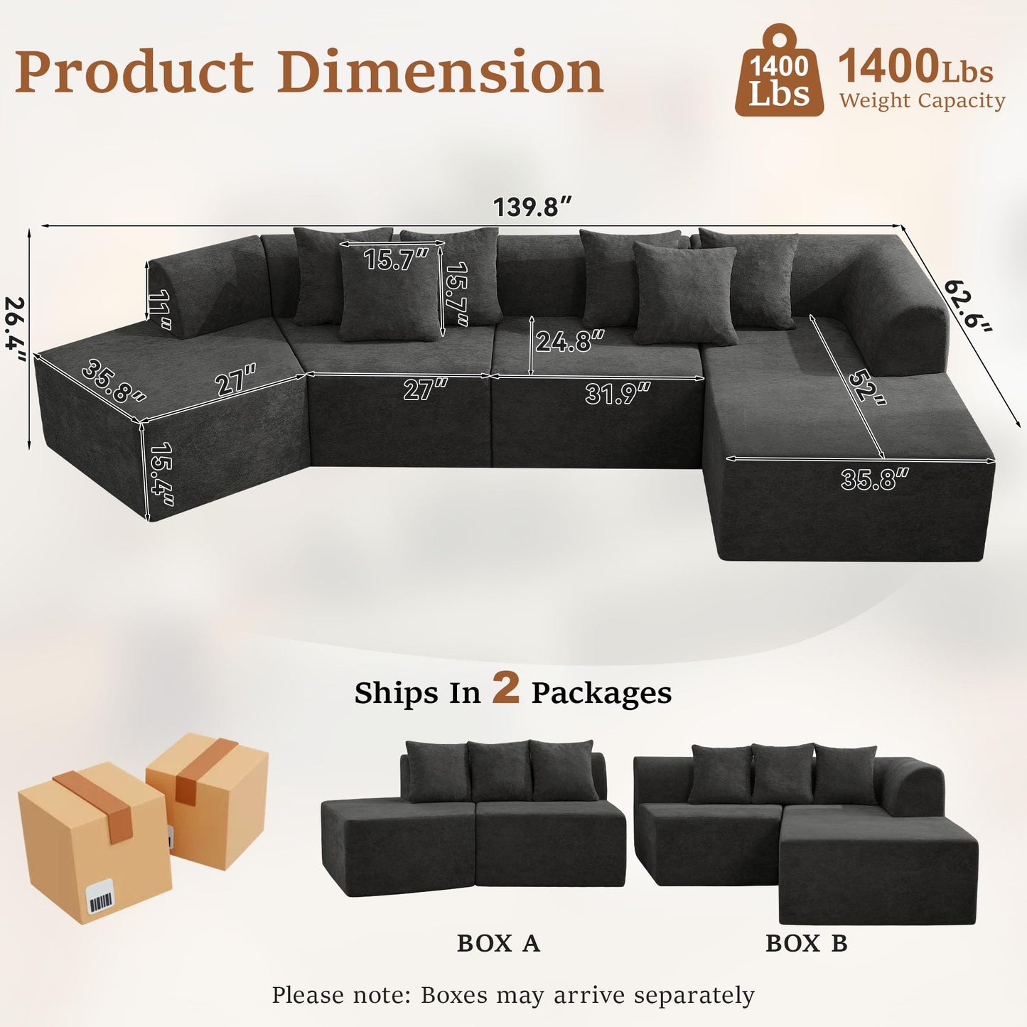 CACFTII 140" Oversized Boneless Couch, Curved Cloud Sectional Couch with L-Shape Chaise, Compressed Memory Foam Couch, Velvet Modular Sectional Sofa for Living Room, No Assembly Required, Black