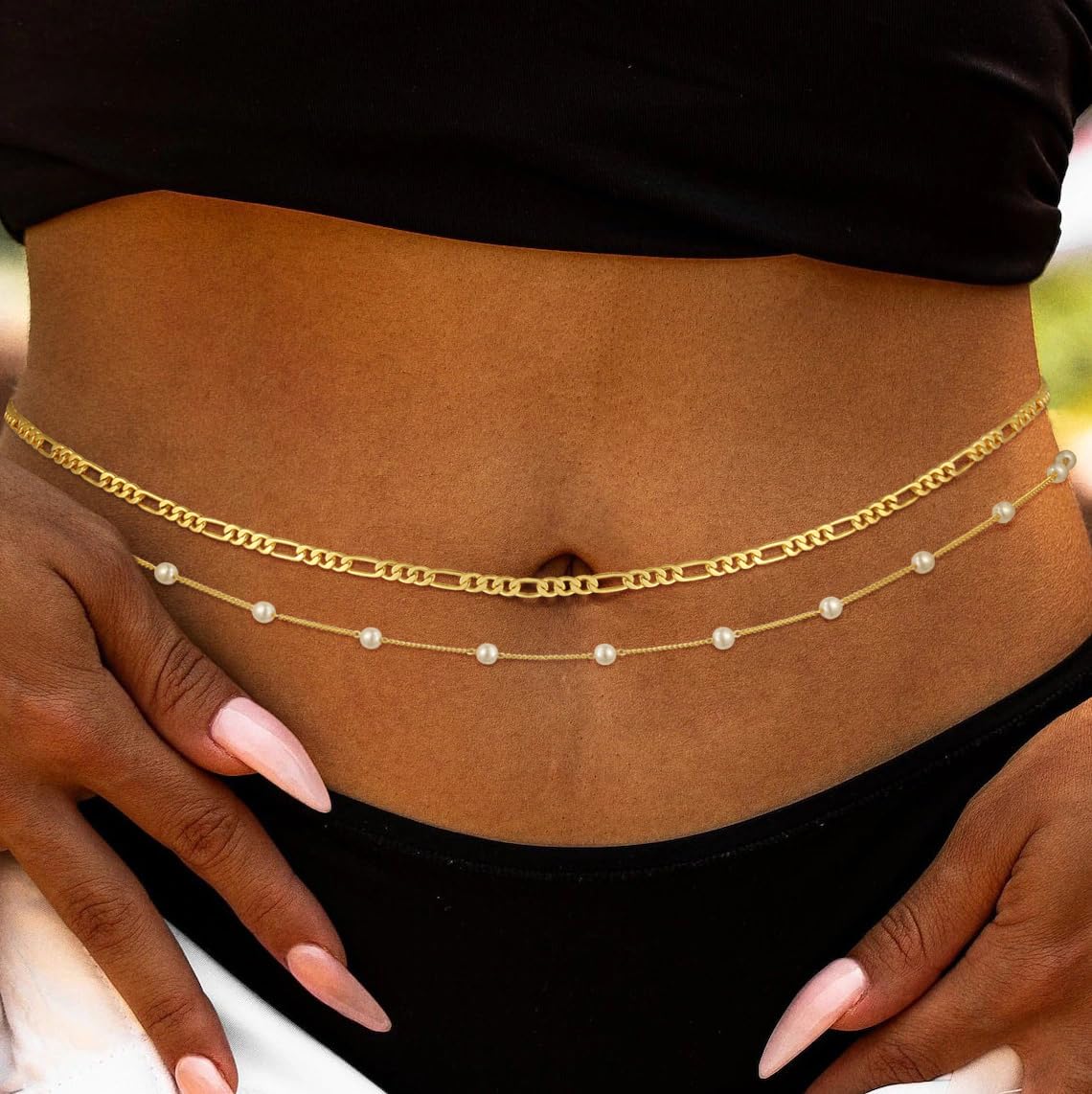 MFRYK 2PCS 14K Gold Plated Waist Chain Layered Pearl Figaro Belly Body Chain Boho Beach Waist Chains For Women Adjustable Waterproof Sexy Bikini Body Chain Jewelry For Women