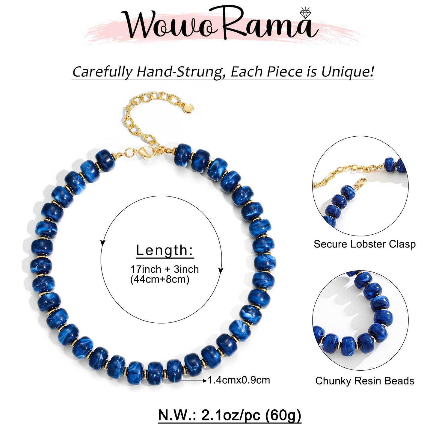 WOWORAMA Blue Chunky Beaded Necklace for Women Navy Blue Resin Acrylic Beads Necklace Statement Chunky Choker Necklaces Trendy Boho Summer Jewelry