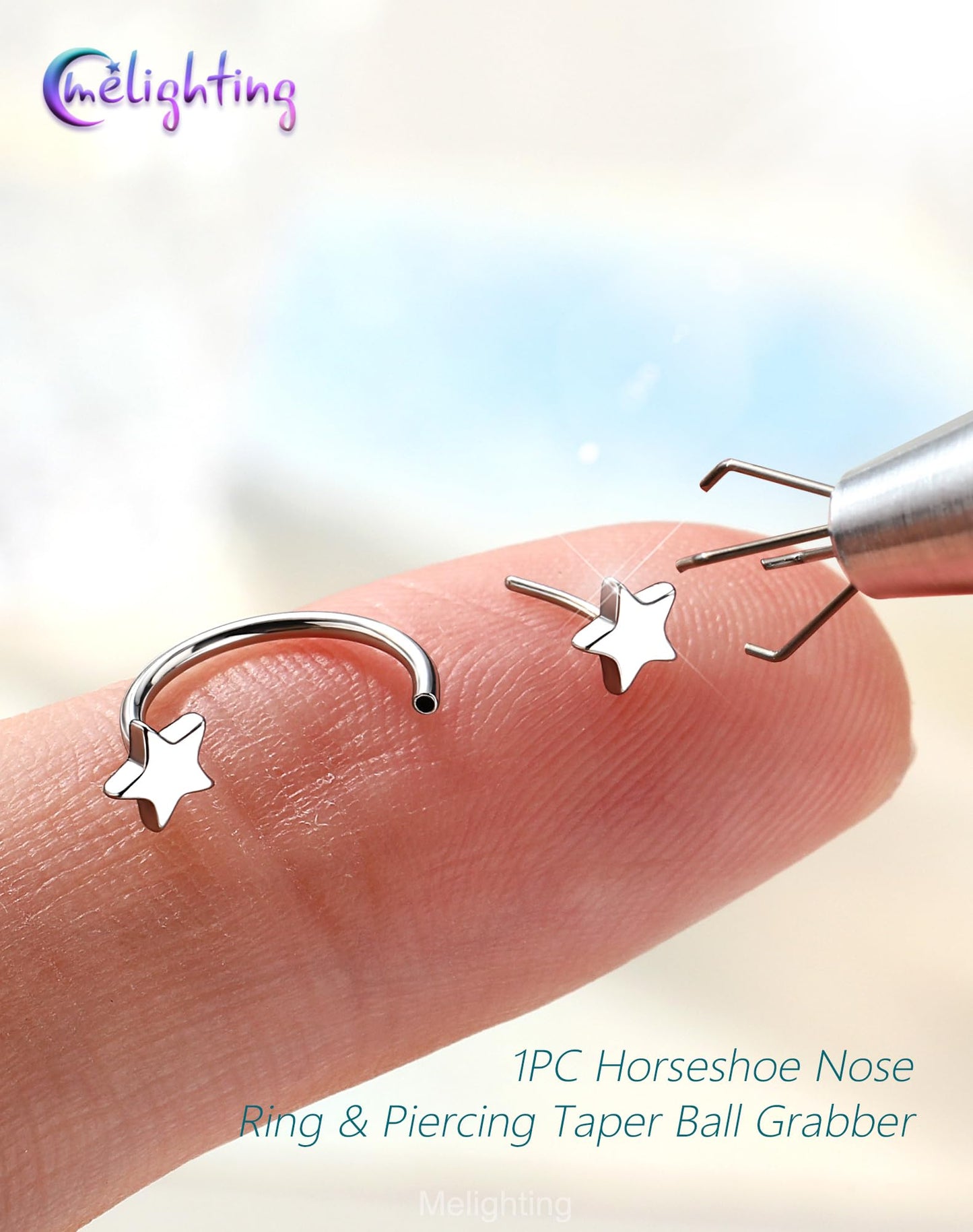 Melighting 20G Horseshoe Nose Rings Hoop, Threadless Nose Piercing with Piercing Taper Ball Grabber Tool 316L Stainless Steel, Star Septum Lip Helix Rook Piercing Jewelry for Women 8 mm