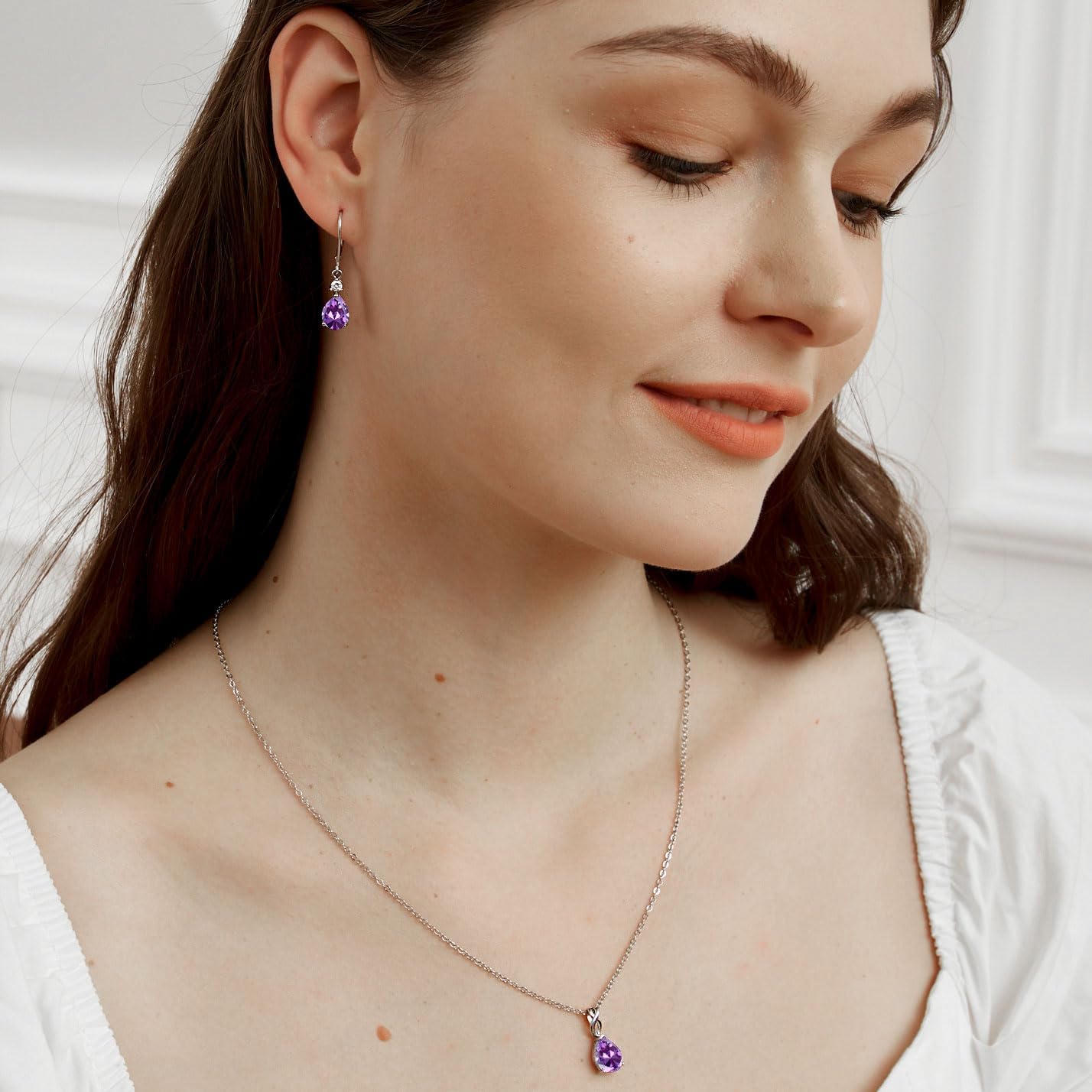 VOLUKA Teardrop Crystal Pendant Necklace, Created Purple Amethyst, 18K White Gold Plated Chain, 17.5+2 Inch Adjustable, 8x10mm Pear Stone