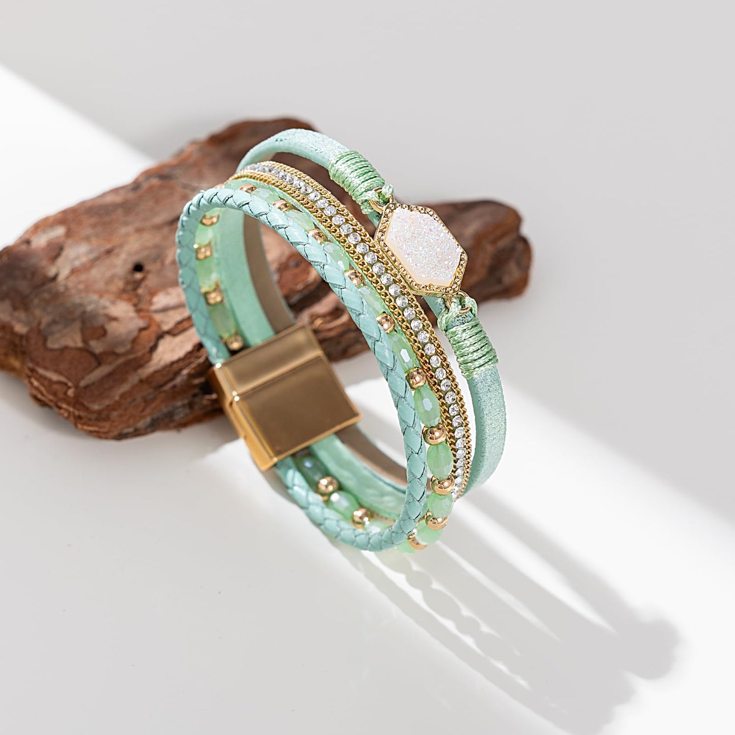 FANCY SHINY Crystal Beaded Leather Wrap Bracelet Stackable Boho Jewelry for Women Trendy Braided Resin Stone Bangle Cuff with Magnetic Clasp(Green)