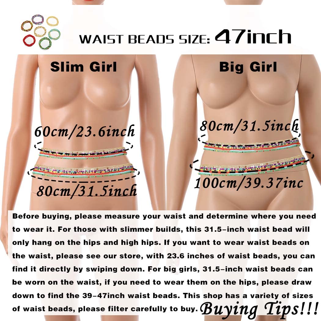 ELABEST Plus Size African Waist Beads Chain Layered Belly Body Chain Beach 7Pack Waist Jewelry Body Accessories for Women and Girls (47inch/120cm)