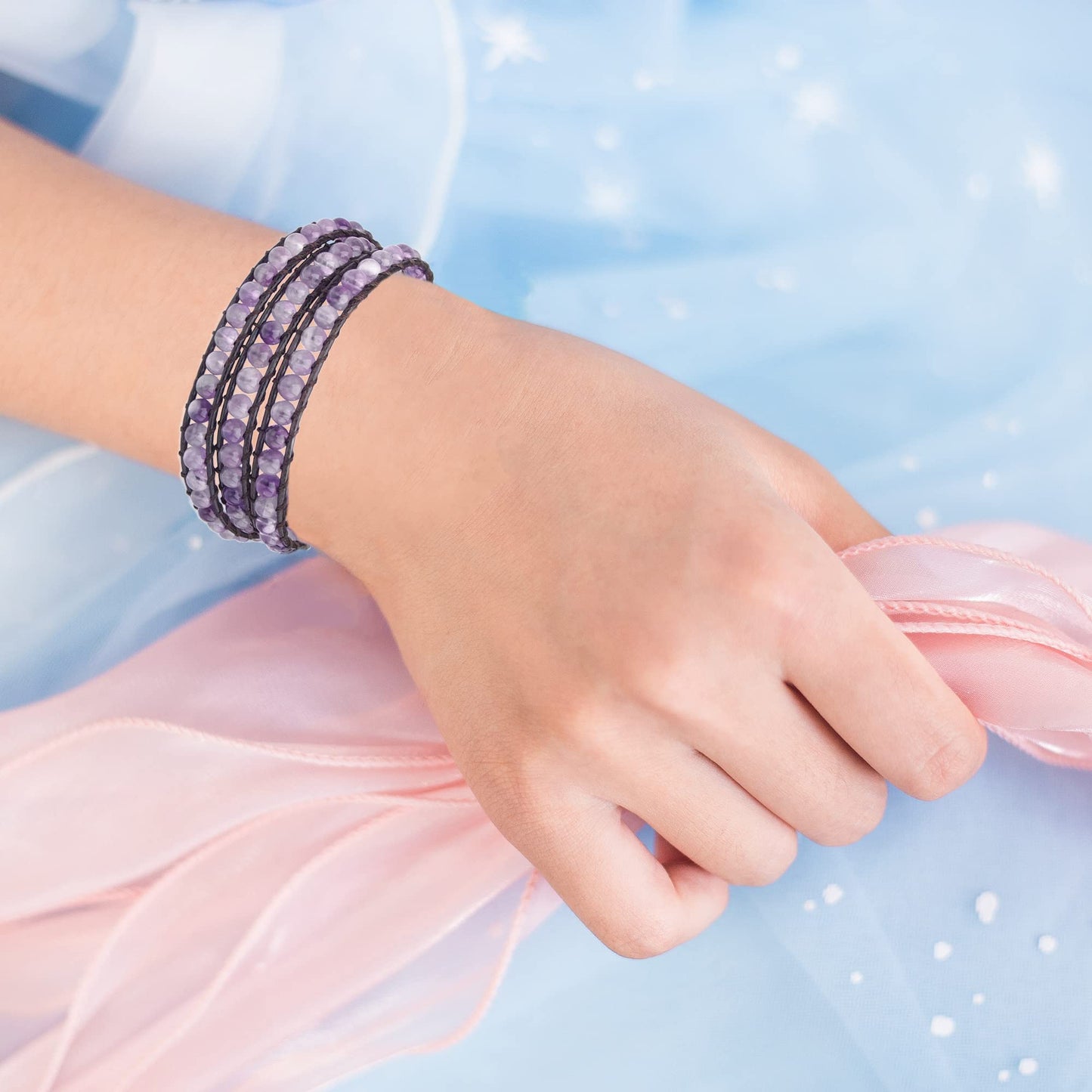 Ayriwoyi Wrap Bracelets for Women Amethyst Bracelet Healing Crystal Beaded Stone Bracelet Womens Wrap Bracelet Adjustable Leather Bracelets For Women