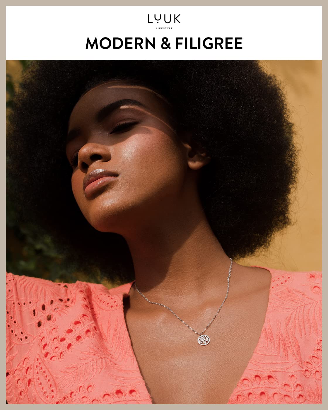 LUUK LIFESTYLE Feminine necklace in stainless steel with Tree of Life pendant and HAPPINESS gift card, trendy jewellery for women, 19” length, nature lovers, meditation zen motif, yoga jewel, silver