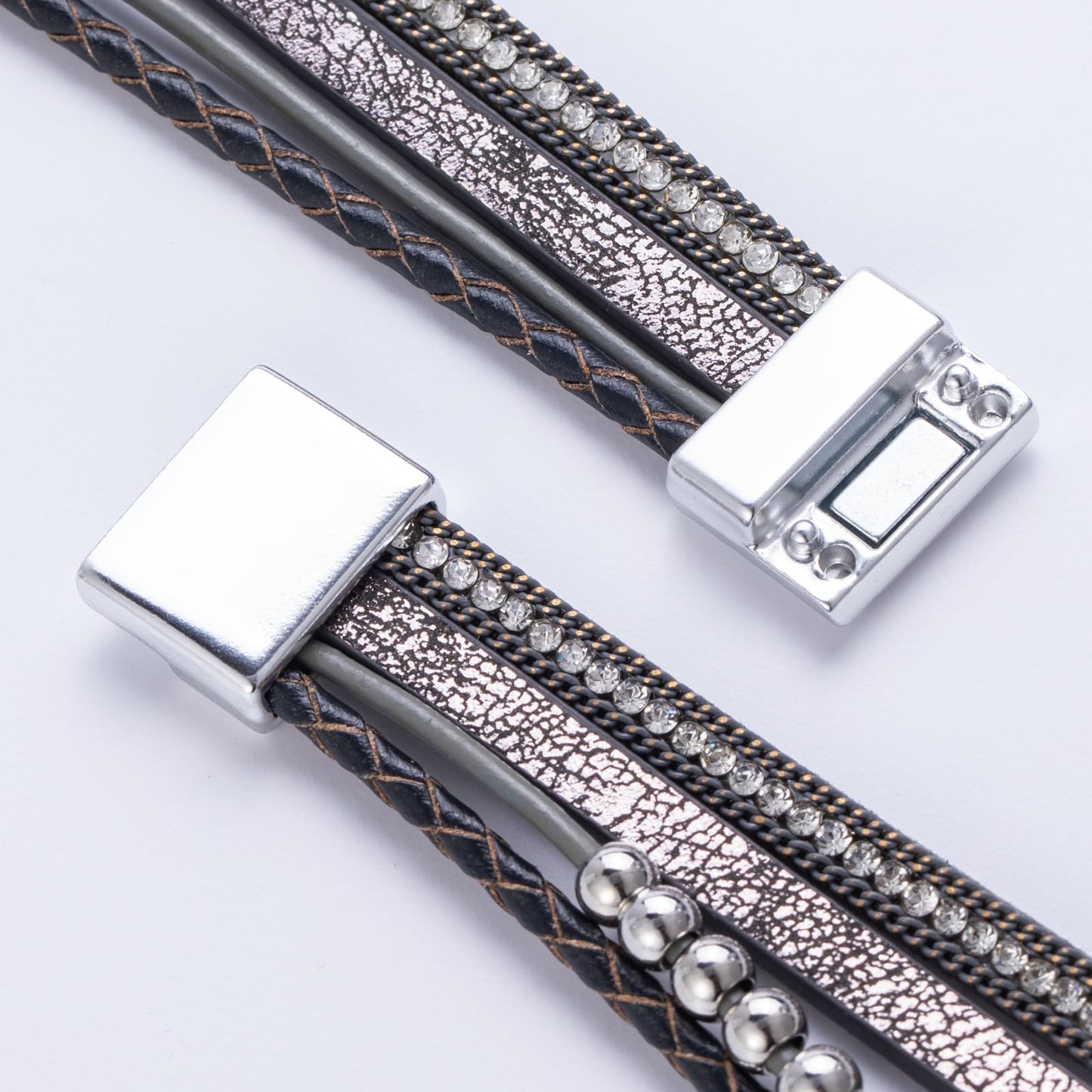 FANCY SHINY Boho Leather Wrap Bracelet Stackable Beaded Infinity Chunky Cuff Bracelets with Magnetic Clasp Western Hippie Outfits Jewelry Gifts for Women(Grey)