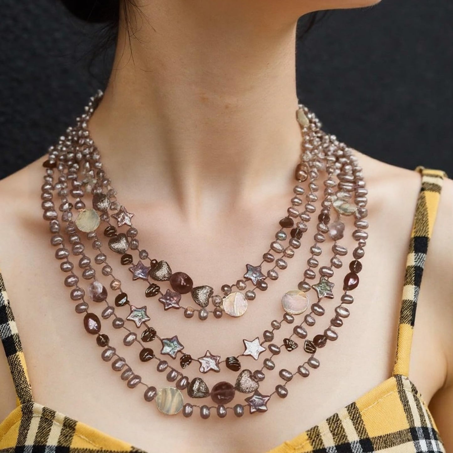 Handmade Freshwater Pearl Necklace for Women - 18inch Elegant Teardrop White Pearls 5-Strand with Vintage Beaded Charms Baroque Pearl, Shell, Rose Quartz & Crystal