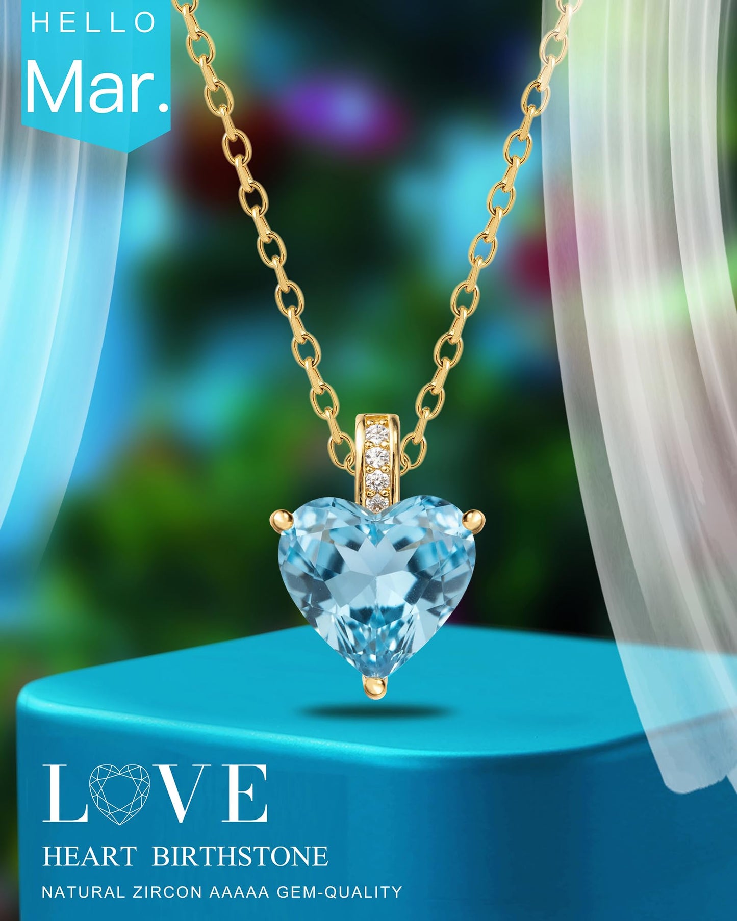 MIDDLUX Gold Heart Necklace, Charm Necklace, March Birthstone Jewelry, Aquamarine Necklace, March Birthday Gifts for Women, Birthstone Necklaces