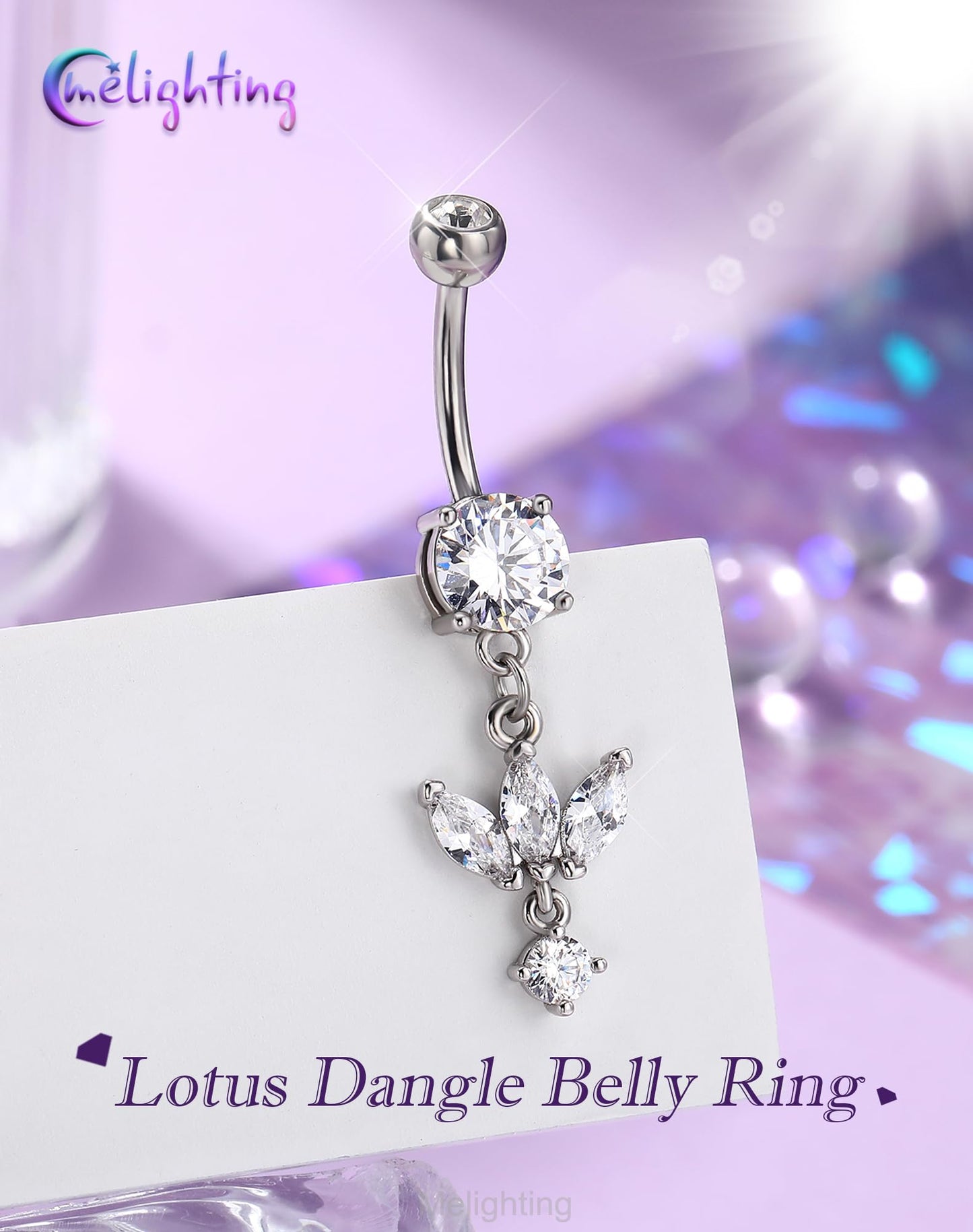 Melighting Minimalist Lotus Belly Button Ring 14G 10mm Navel Ring with Three Marquise CZ Petals and Dangling Round Zircon, 316L Stainless Steel Belly Piercing Jewelry in Silver