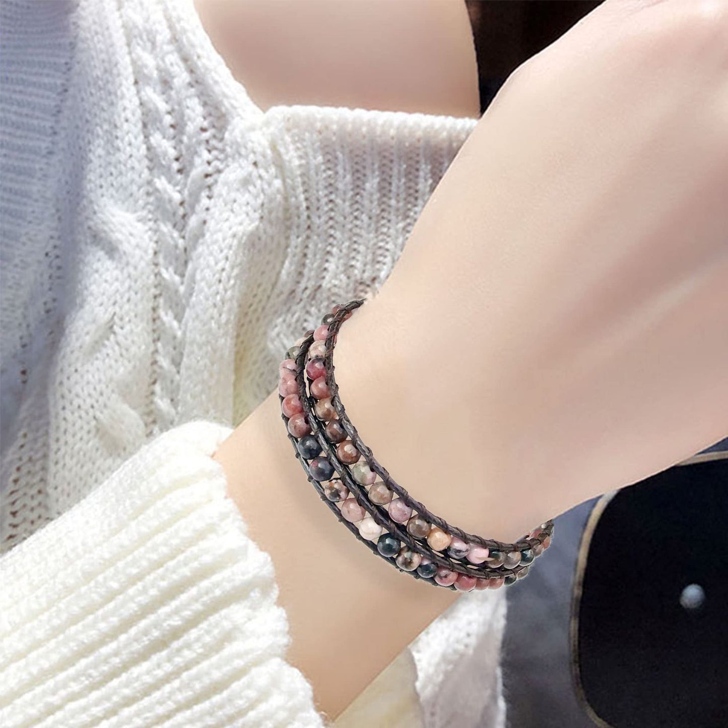 Ayriwoyi Wrap Bracelet for Women Beaded Stone Leather Wrap Bracelets for Women Bohemian Bracelet Adjustable Handmade Jewelry Gifts for Women