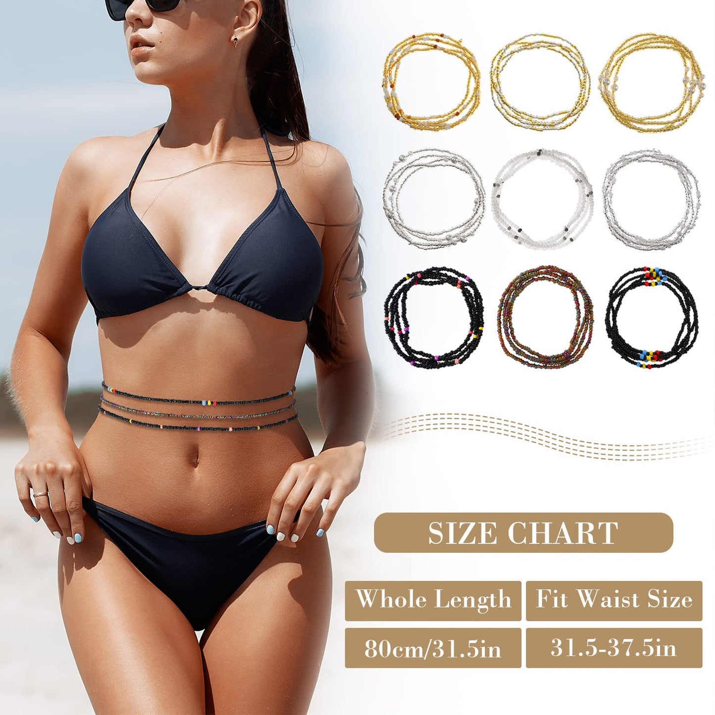 Kigeli 9 Pack Waist Bead Chains for Women Stretchy African Belly Chain Stomach Beads Body Bikini Jewelry (Clear, Black, Gold)