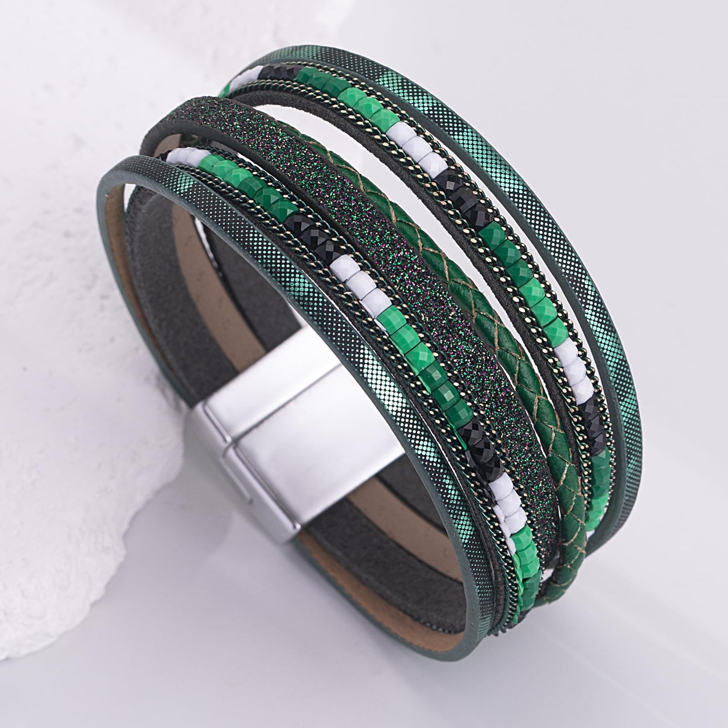 FANCY SHINY Boho Leather Wrap Bracelets Trendy Layered Bracelets with Magnetic Clasp Strackable Bohemian Cuff Jewelry Gifts for Women(Green)