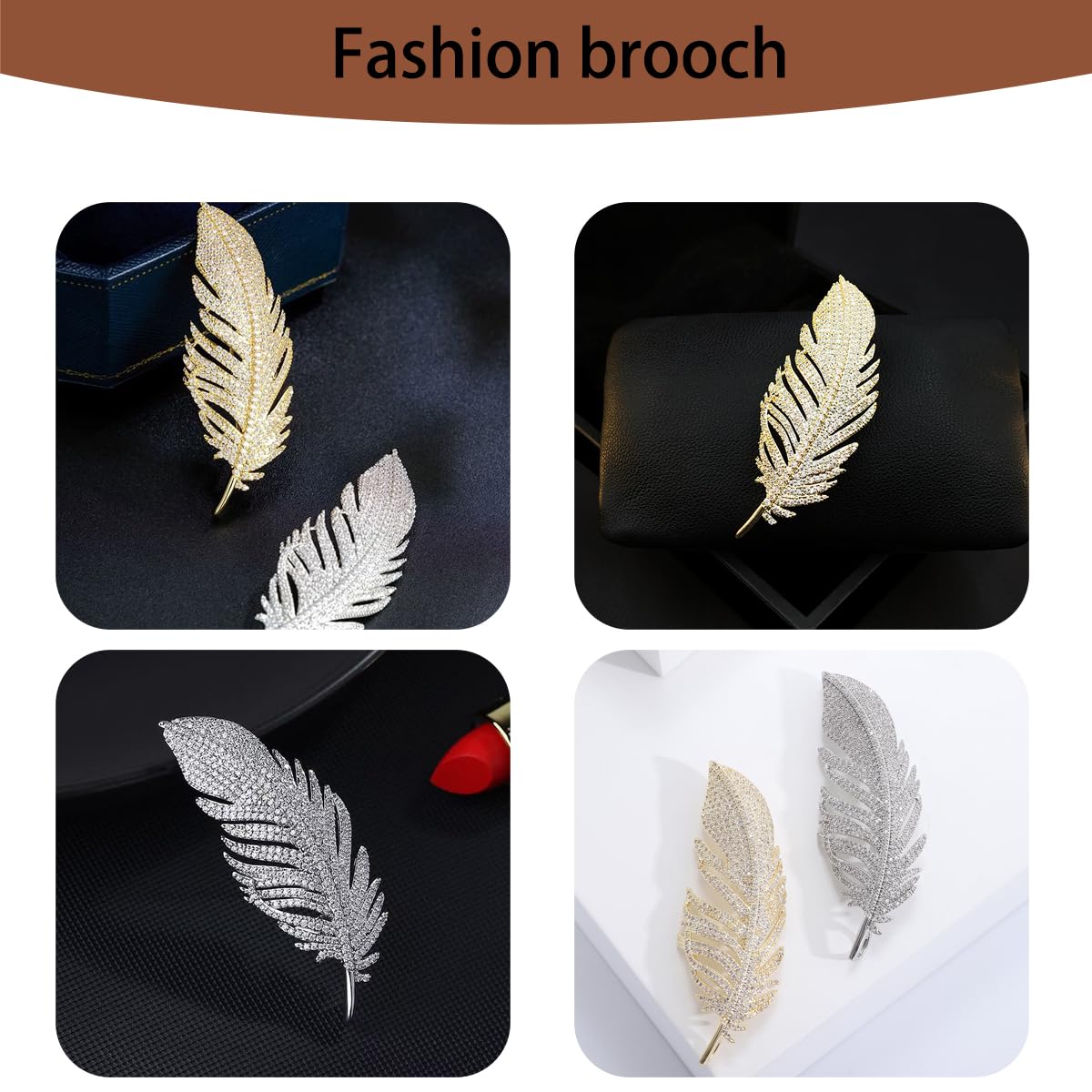 Yaximhozz 2pcs Rhinestone Feather Brooch Pin for Women Dress Elegant Stylish Crystal Brooches Fashion Accessories Pins Lapel Boutonniere Ideas Wedding Christmas Birthday Jewelry Easter Gift (01 Silver/Gold)