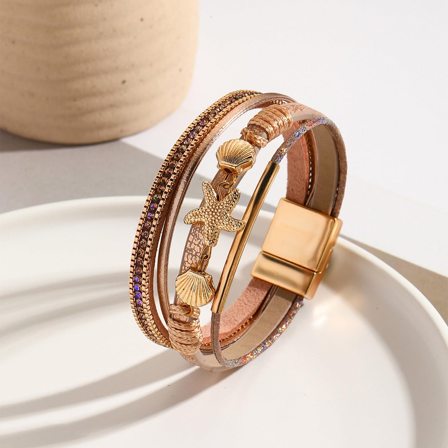 VIBILIA Boho Leather Wrap Bracelets for Women Shell starfish Multi-Layer Bracelets with Strong Clasp Jewelry for Women-Champagne