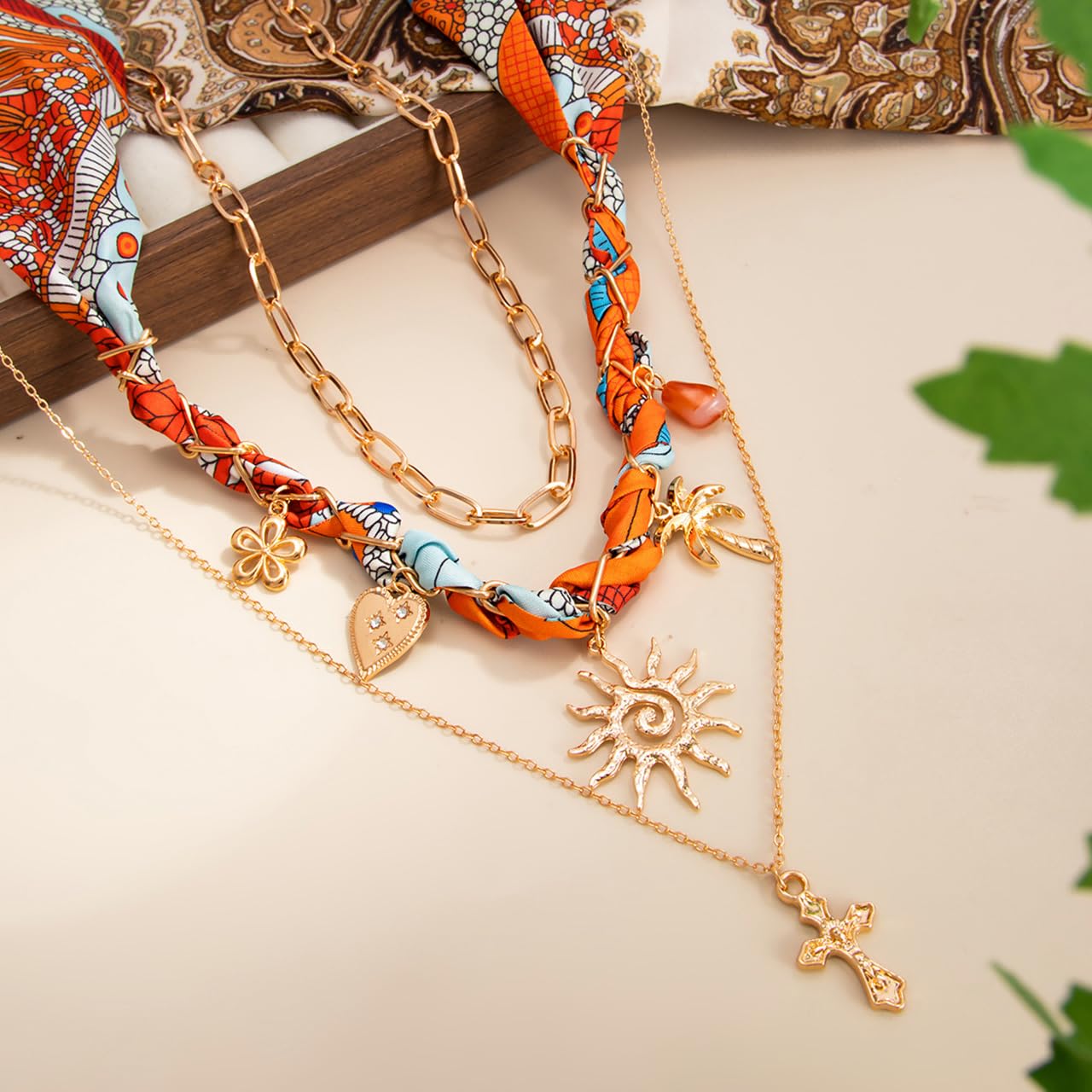 Your Always Charm Layered Scarf Necklace for Women - 3 Pcs Bandana Starfish Flower Shell Necklace with Charms, Summer Beach Boho Jewelry, Layered Choker Gift