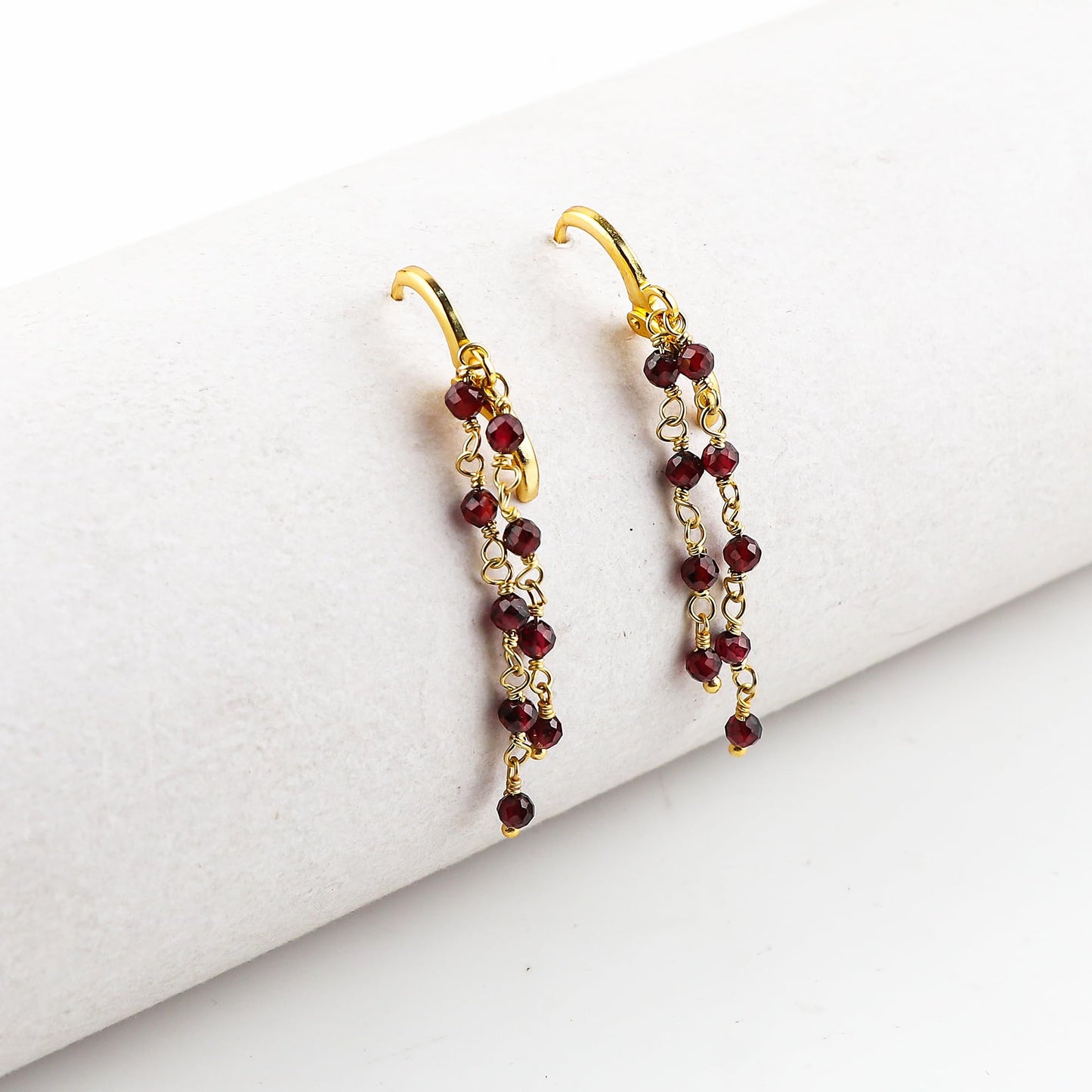 CRYSTALINES (3pcs Natural Garnet Gemstone Cluster Jewelry Combo Set, 14K Gold Plated, Microfaceted Beads Rosary Chain, Handmade Hypoallergenic Jewelry - Bracelets, Necklace, Earrings for Women