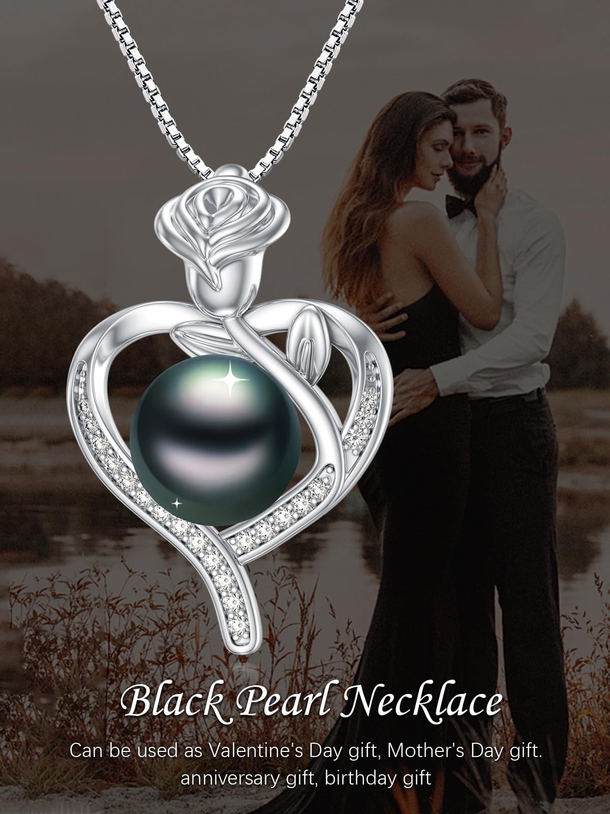 KANNSOAR 9MM Tahitian Black Pearl Rose Fower Heart Pendant Necklace Pearl Jewelry-Wedding Birthday Anniversary Valentines Day Christmas Mothers Day Gifts for Women Wife Mom Girlfriend Her