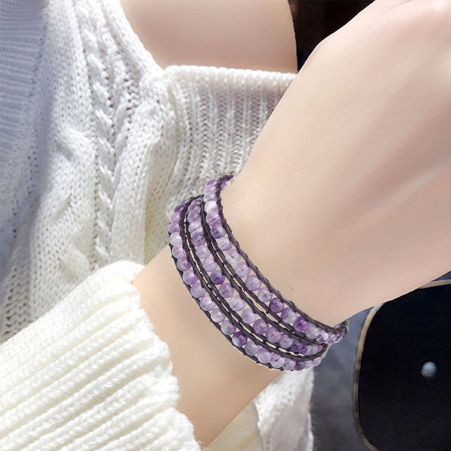 Ayriwoyi Wrap Bracelets for Women Amethyst Bracelet Healing Crystal Beaded Stone Bracelet Womens Wrap Bracelet Adjustable Leather Bracelets For Women