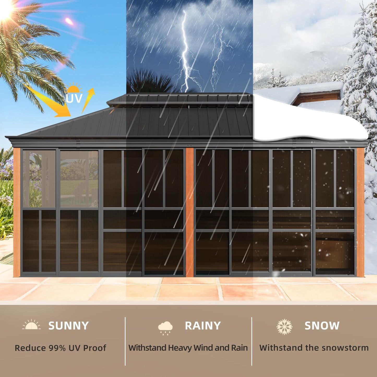 EROMMY 12' X 20' Hardtop Sunroom, Galvanized Steel Double Roof Gazebo Solarium with Wood Grain Aluminum Frame & Detachable Windows, All-Weather Sun Room for Patio Deck Backyard