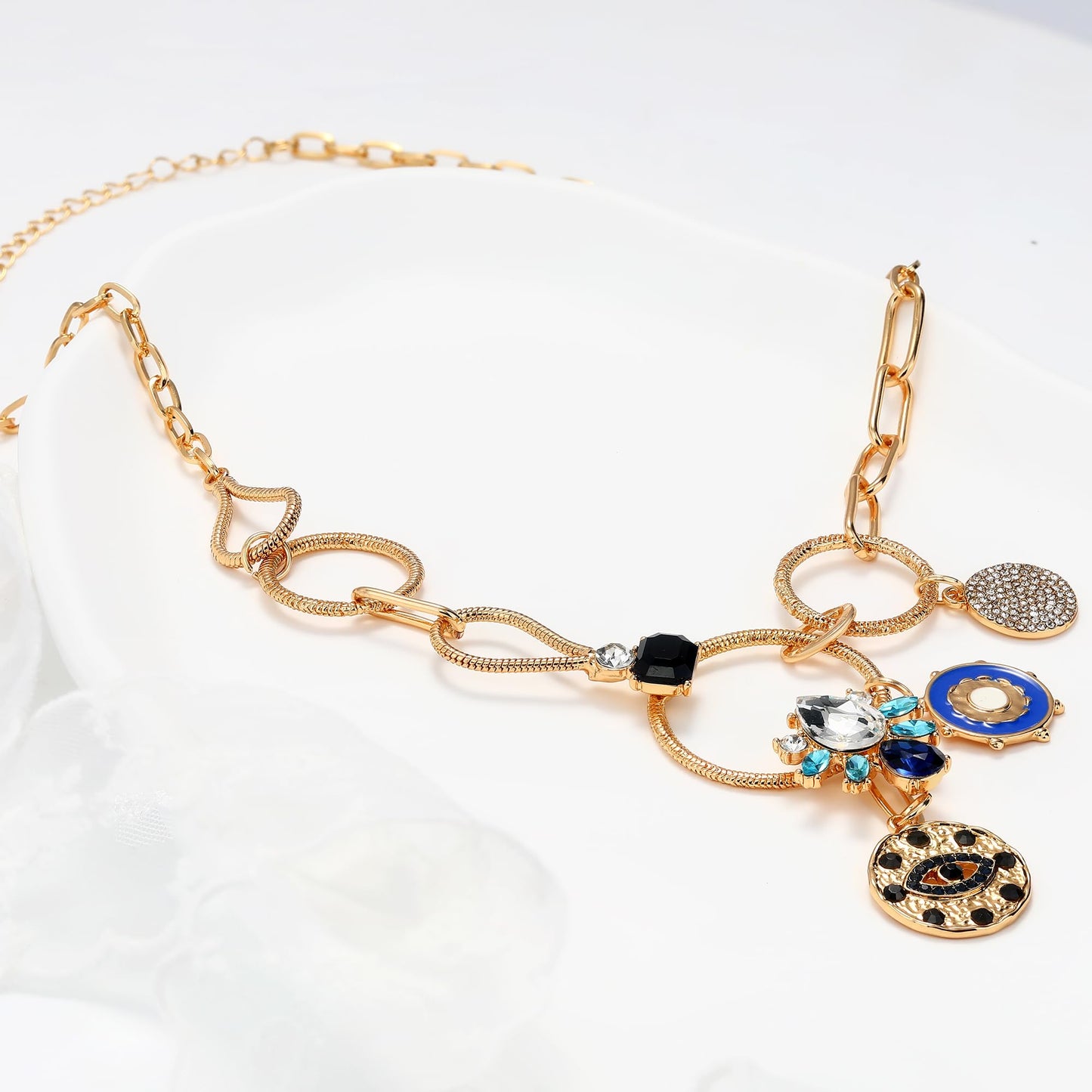 BONJOULRY Charm Necklace for Women Gold Evil Eye Sun Coin Lucky Chunky Charm Pendant Necklace Vintage Paperclip Chain Necklace Jewelry Flower Third Eye