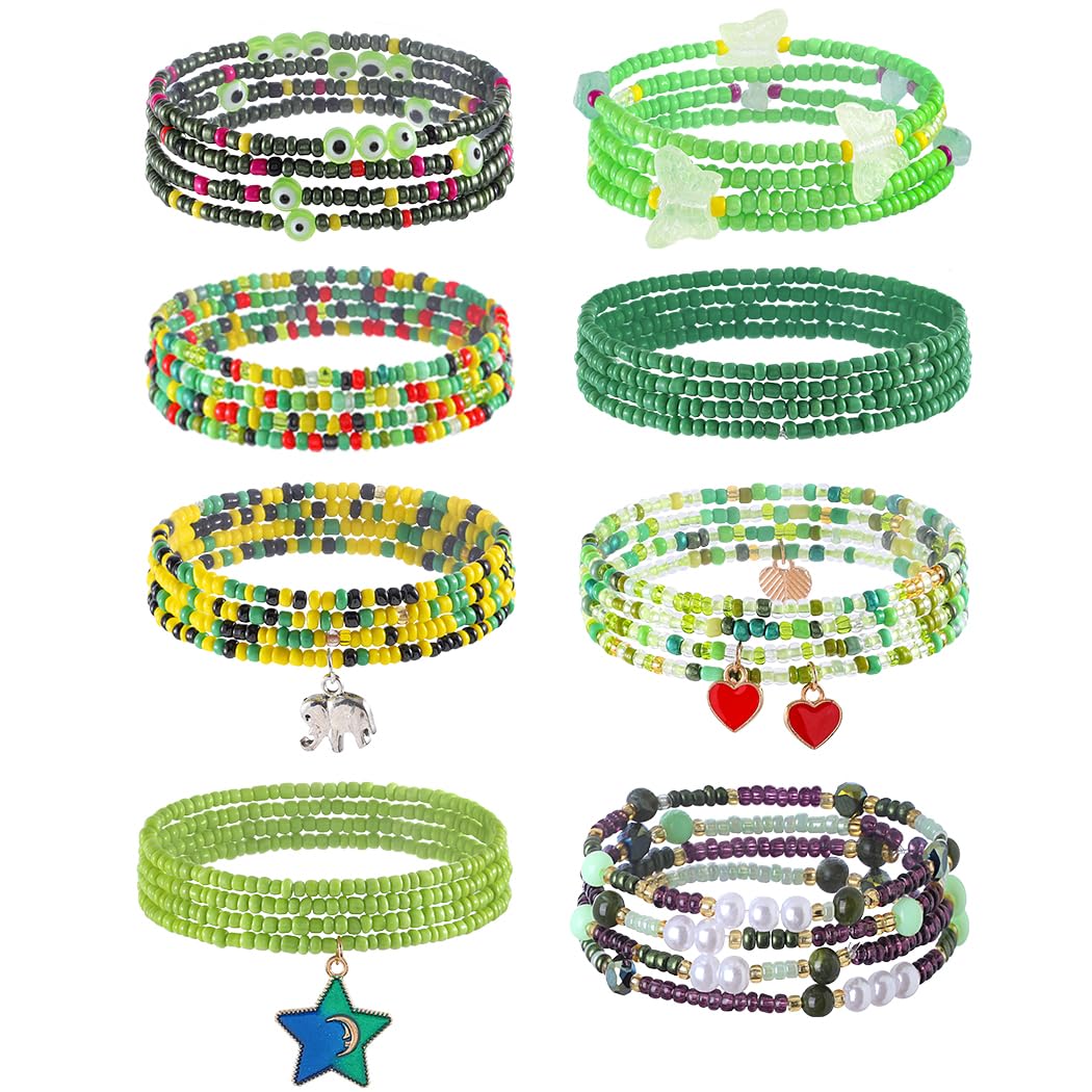 ELABEST 24-39inch African Waist Beads for Women 8Pcs Elastic Belly Beads Colorful Beaded Waist Jewelry Accessories Body Chain (Green, 39.3inch/100cm)