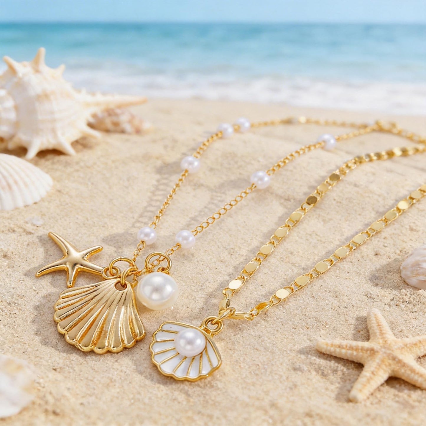 KummerSaprk Seashell Necklace Summer Vacation Jewelry for Women Gold Beachy Necklace Stack Starfish Flower Cowrie Sea Shell Pendant Necklaces Summer Essentials Accessories Gifts
