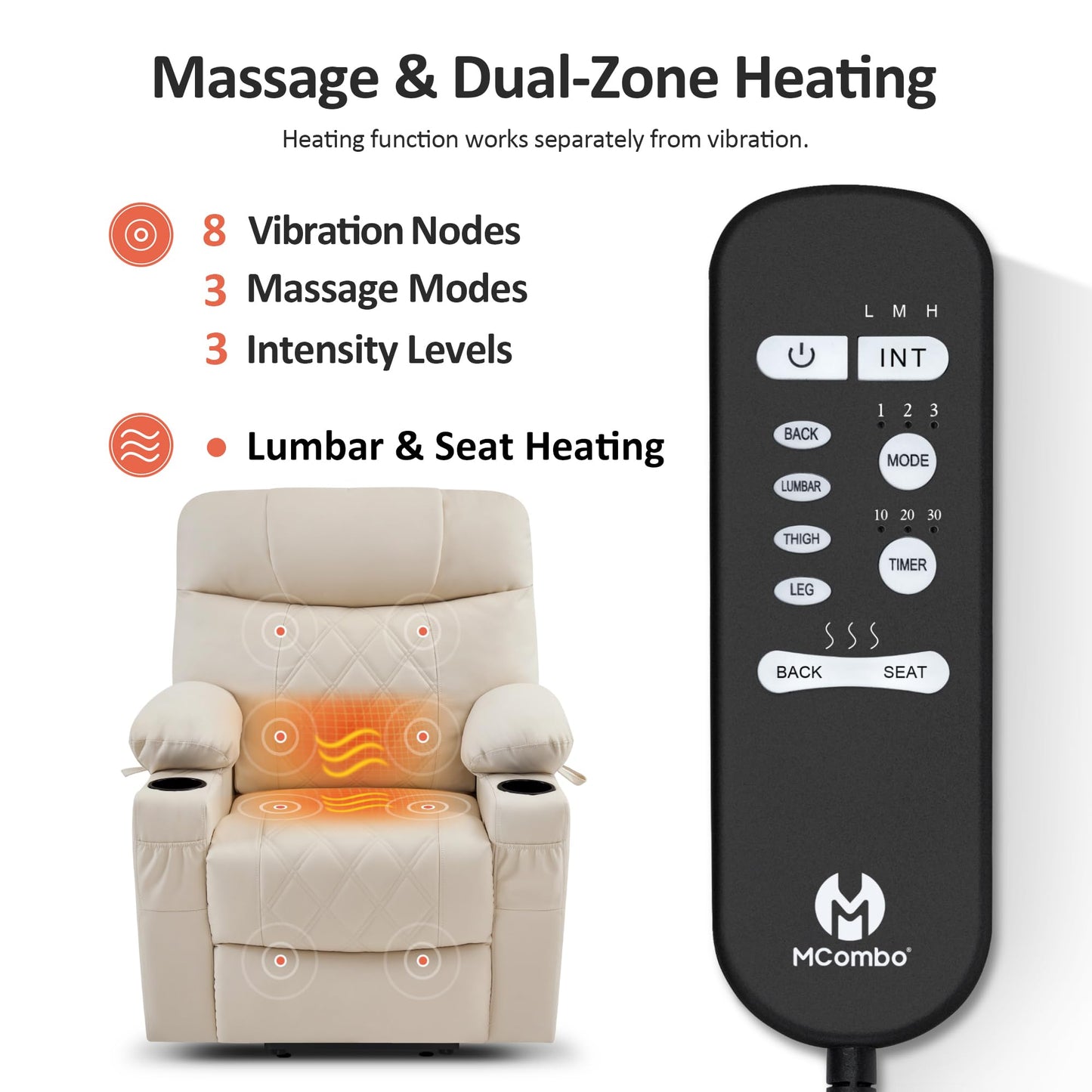 MCombo Small Power Lift Recliner Chair Sofa with Massage and Dual Heating, Adjustable Headrest for Elderly People Petite, USB Ports, Faux Leather 7111 (Cream White)