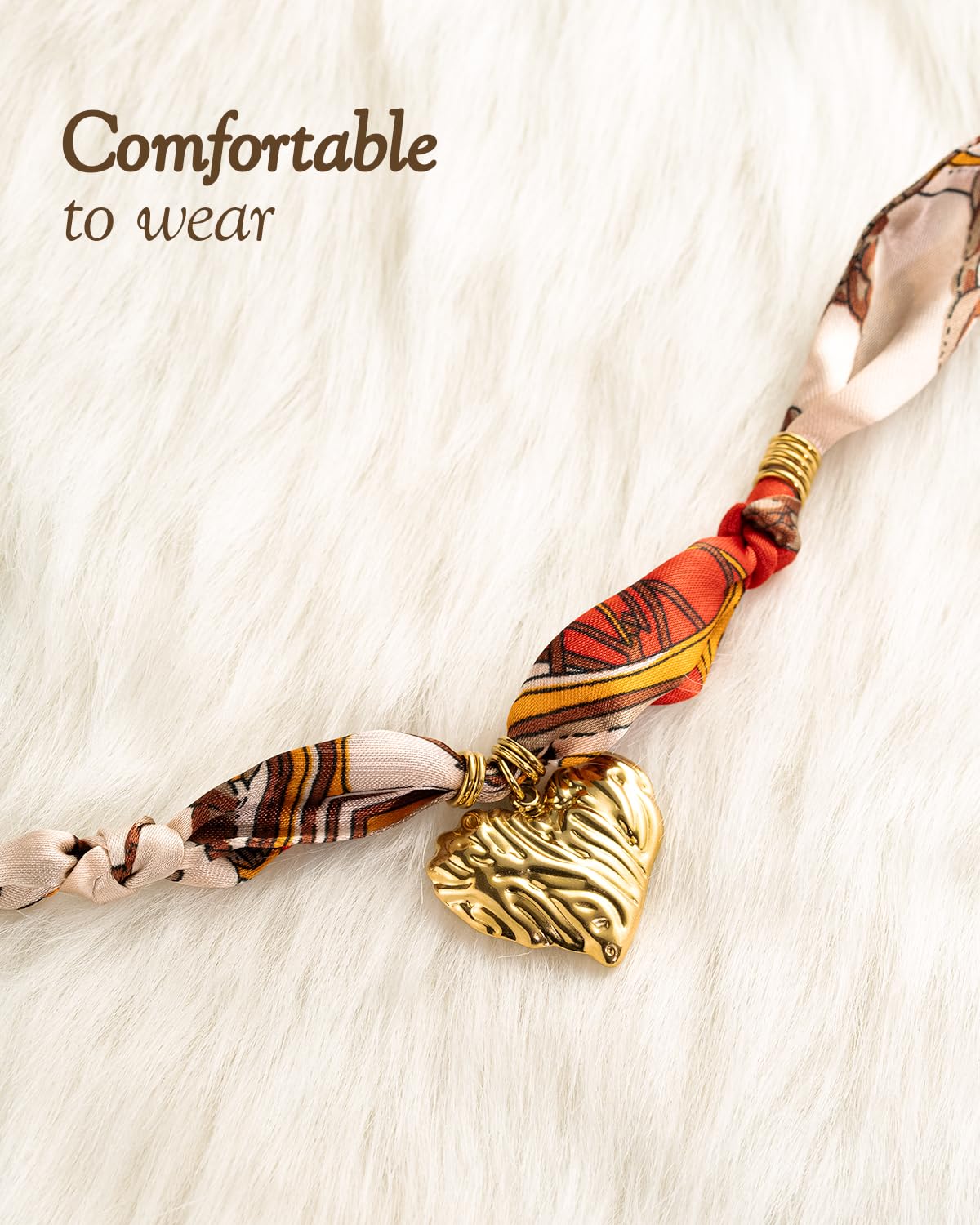 DoDoBeads Scarf Charm Necklace – Golden Heart – Red Vintage Scarf Necklace with Sculpted Stainless Steel Heart Pendant