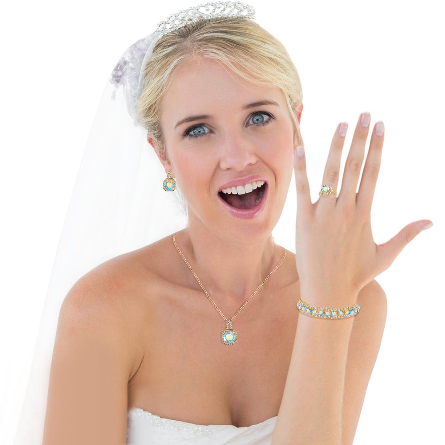 4pcs Cubic Zirconia Wedding Jewelry Sets for Bride Bridesmaid Cubic Zirconia Pendant Necklace Earrings Link Tennis Bracelet Open Ring Set (Gold Plated Iridescent AB Cubic Zirconia)