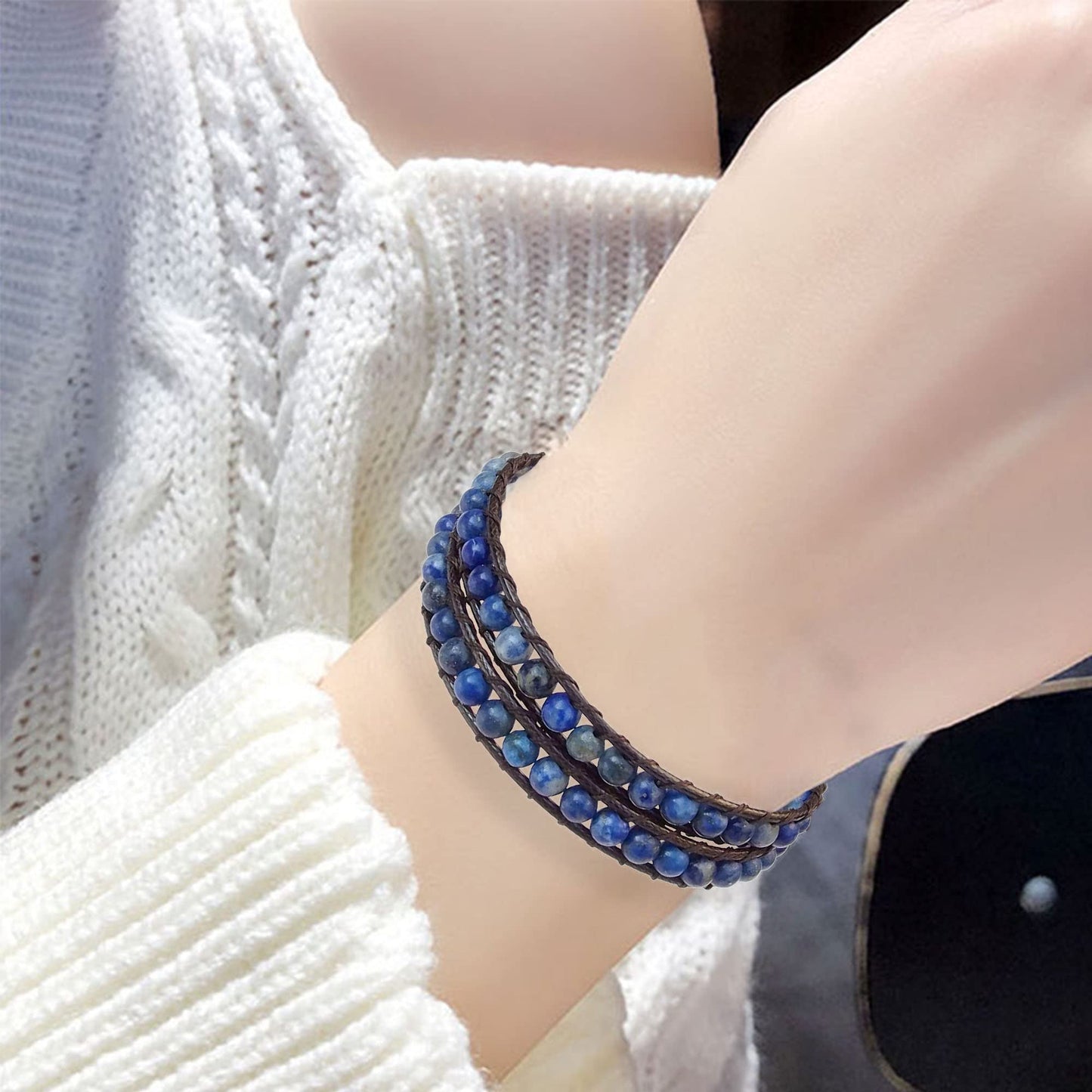 Ayriwoyi Wrap Bracelets for women Blue Lapis Lazuli Bracelet Natural Stone Beaded Wrap Bracelet Bohemian Bracelet Handmade Jewelry Gifts
