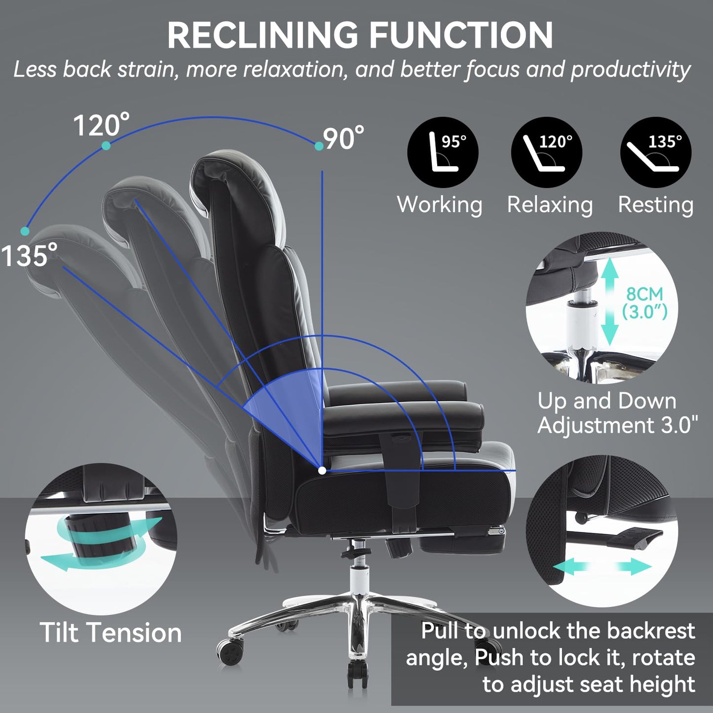 Efomao Big and Tall Office Chair 450lbs, 5.9" Thick Pocket Spring Executive Office Chair with Footrest, High Back PU Leather Desk Chair, Wide Seat Computer Chair, Black