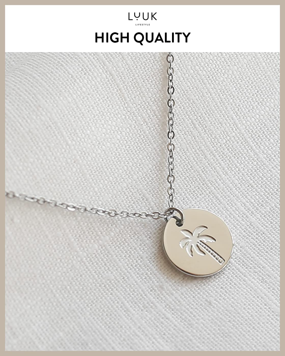 LUUK LIFESTYLE Stainless steel necklace for women with palm tree pendant and HAPPINESS card, gift idea, summer symbol, beach motif, friendship present, adjustable length 19”, fashion jewelry, silver