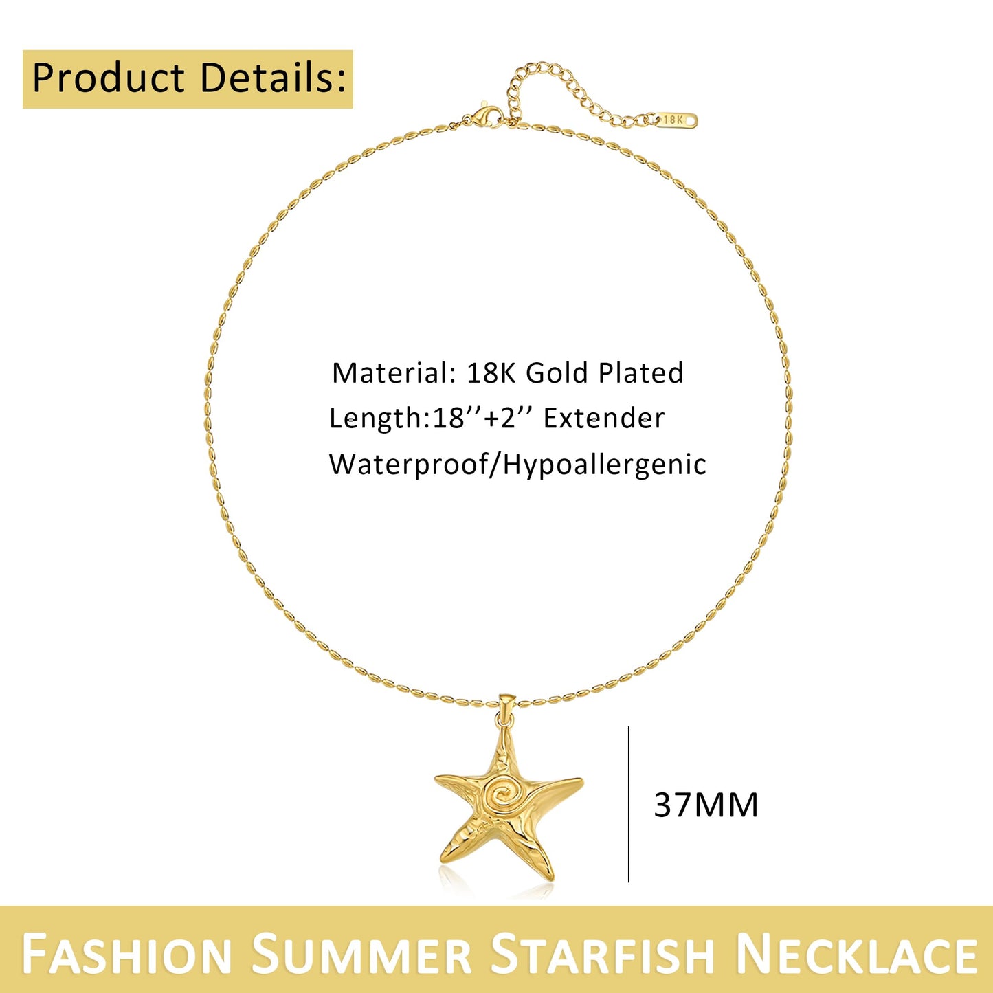 NUZON Large Gold Starfish Pendant Necklace for Women 18K Gold Plated Stainless Steel Sea Star Beaded Chain Necklace Boho Summer Beach Jewelry 18’’