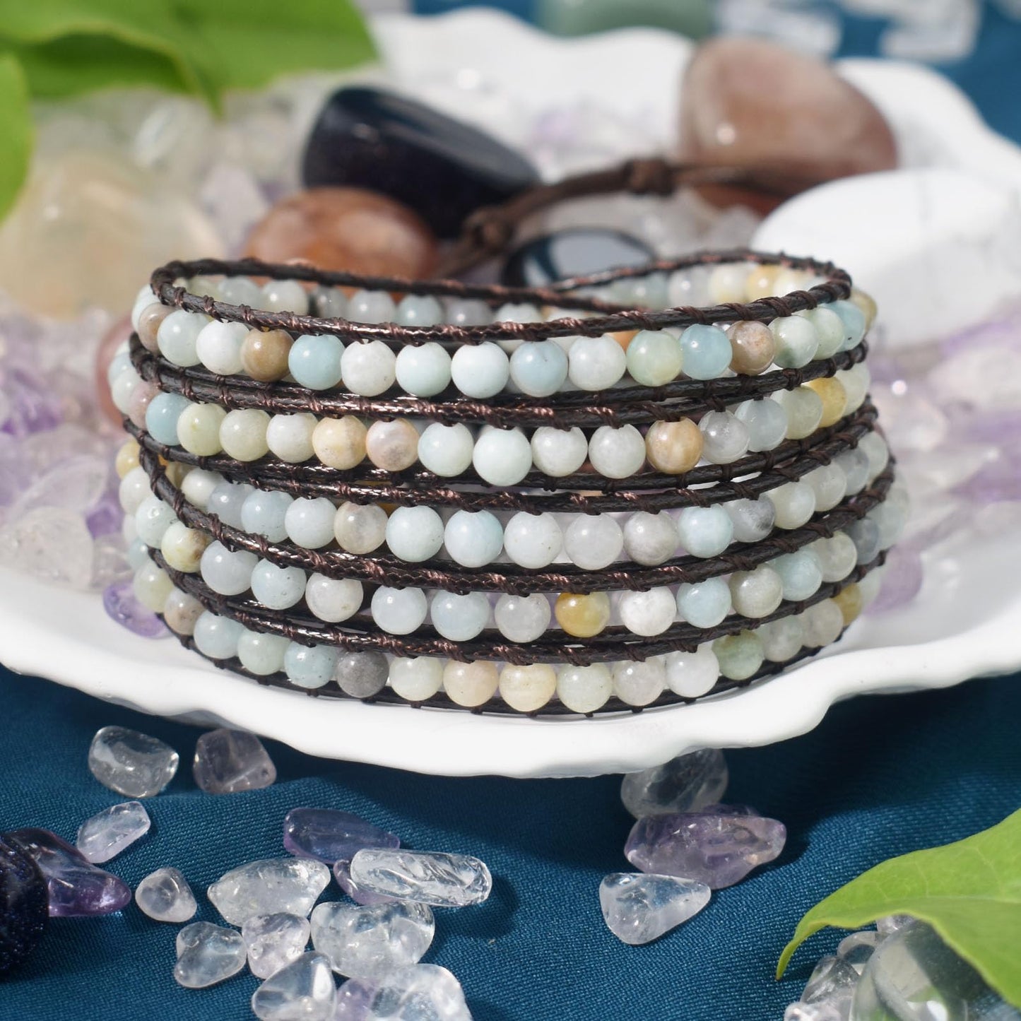 Ayriwoyi Natural Stone Amazonite Bracelet, 5 Wraps Adjustable Handmade Bracelet for Women, Boho Beaded Bracelet, Mother's Day Gift