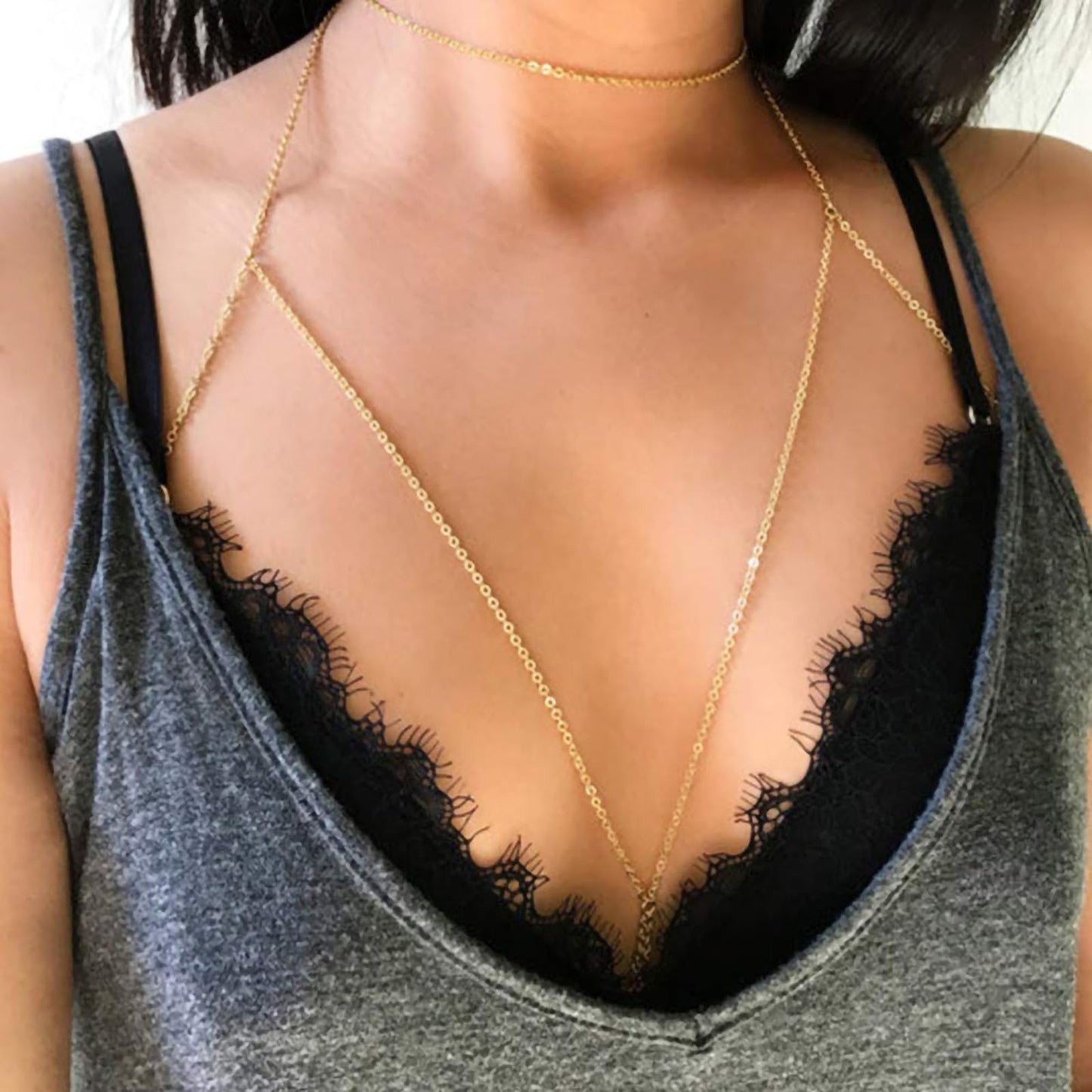 14K Gold Plated Body Chains for Women, Sexy Layered Belly Waist Chain Crossover Bikini Bra Chain, Summer Beach Rhinestone Body Jewelry(Neckchain)