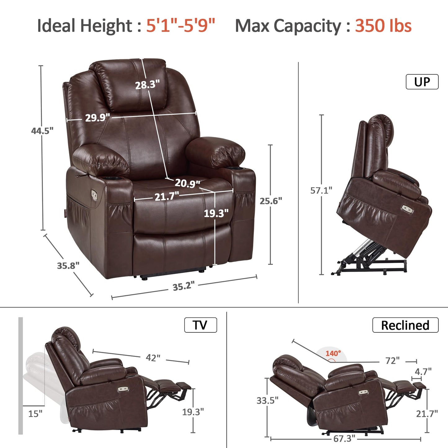 MCombo Electric Power Lift Recliner Chair Sofa with Massage and Heat for Elderly, 3 Positions, 2 Side Pockets, and Cup Holders, USB Ports, Faux Leather 7040 (Dark Brown, Medium)