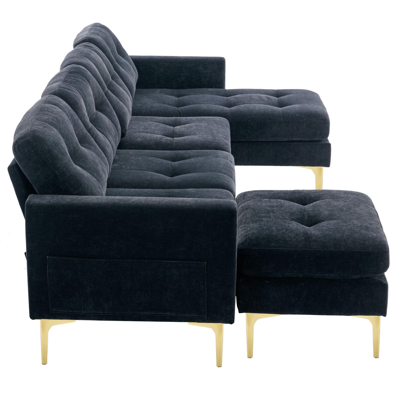 P PURLOVE Velvet Modern Large Sectional Sofa, U Shape Upholstered Couch with Chaise, Convertible Sofa Couch with Movable Ottoman for Living Room Apartment (Black)