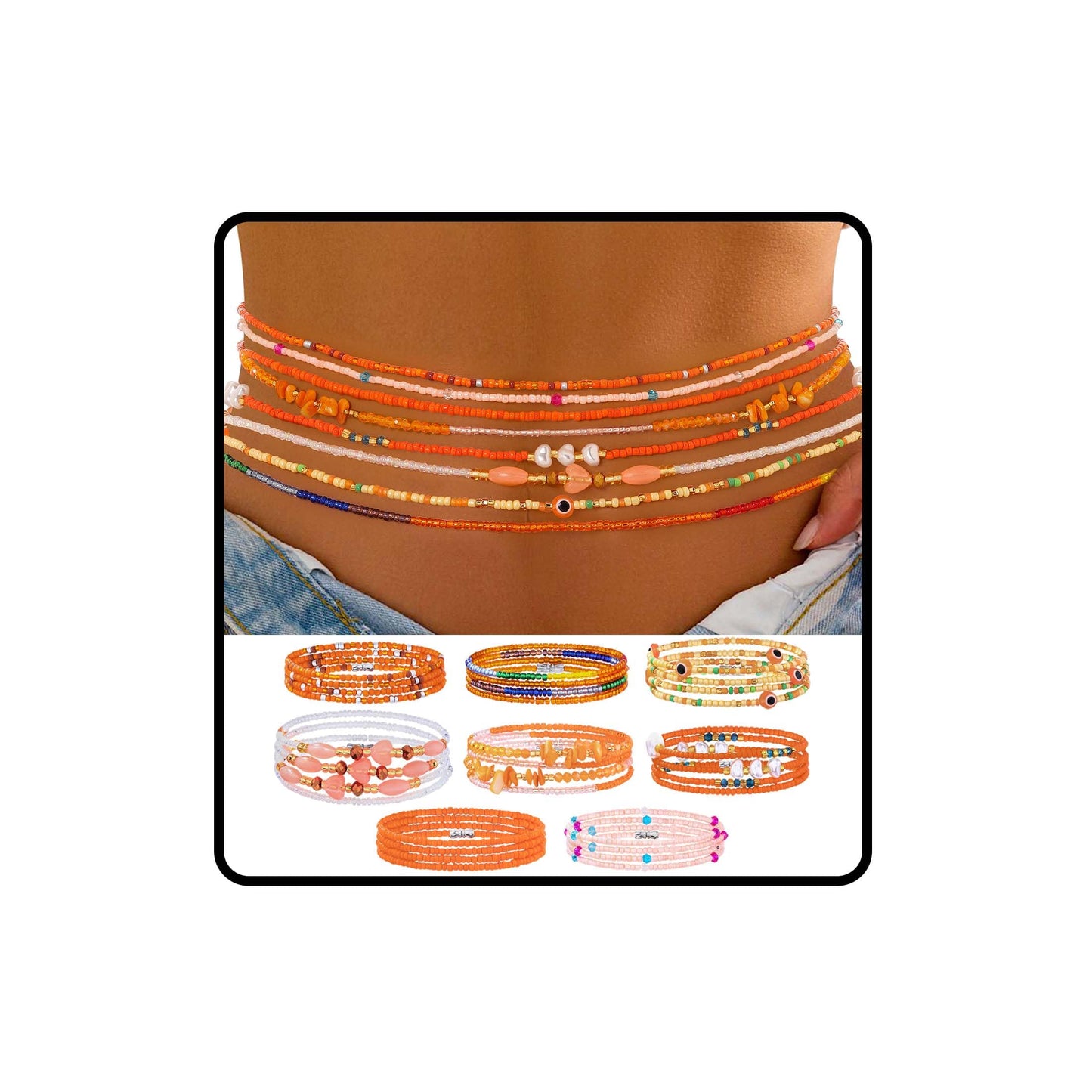 ELABEST Adjustable Handmade Waist Beads Stretchy 23-52 inch 8Pcs Chakra Body Belly Beaded Women Waist, Anklet, Bracelet, Necklace Jewelry with Screw clasp (Orange, 31.5inch/80cm)