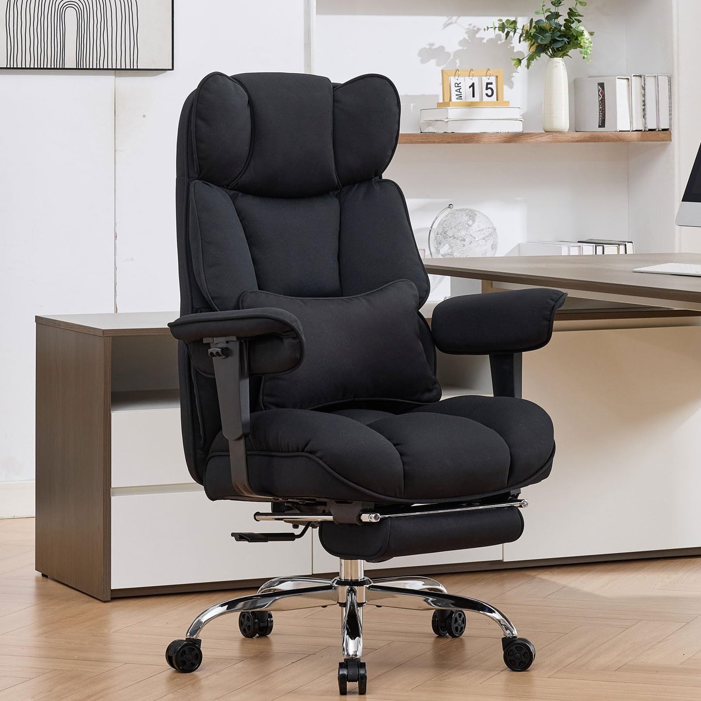 Efomao Big and Tall Office Chair with Footrest - Breathable Mesh Executive Chair, Heavy Duty Computer Desk Chair for Home Office, Ergonomic Lumbar Support & Reclining Mesh Gaming Chair, Black