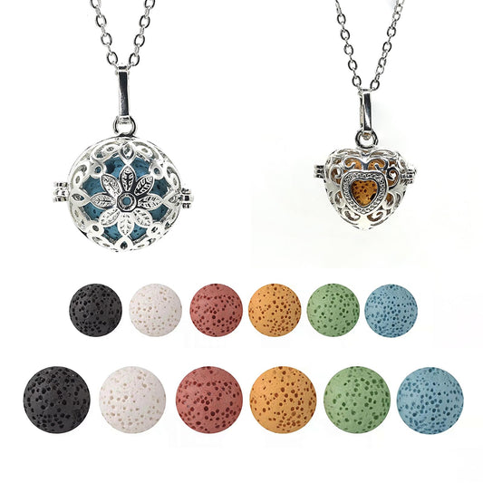 2 PCS Aromatherapy Essential Oil Diffuser Necklace Hollow Ball and Small Heart Shape Colored Lava Stone Pendant Necklace for Women…