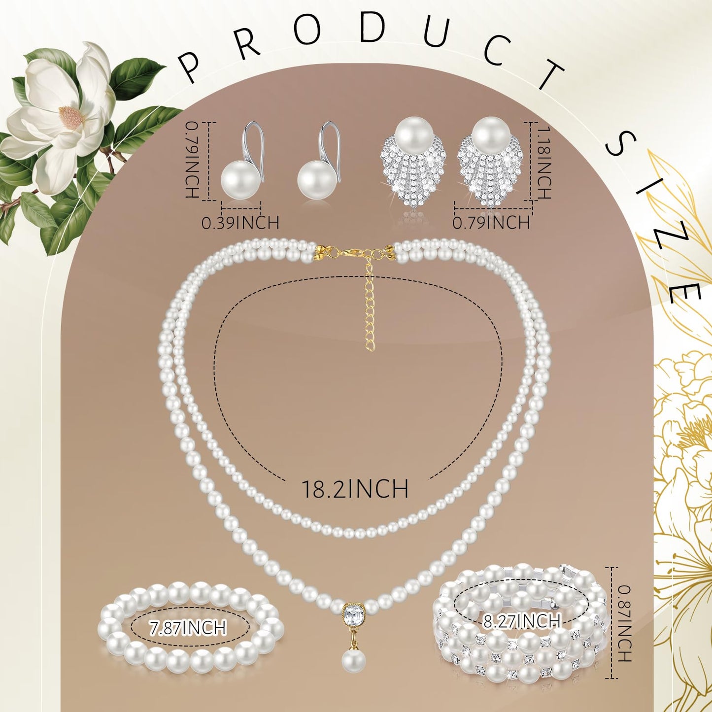 Glenmal Pearl Rhinestone Jewelry Set for Women Pearl Necklace Bracelet Earrings for Wedding Birthday Bridal Shower Tea Party (Gorgeous Style)