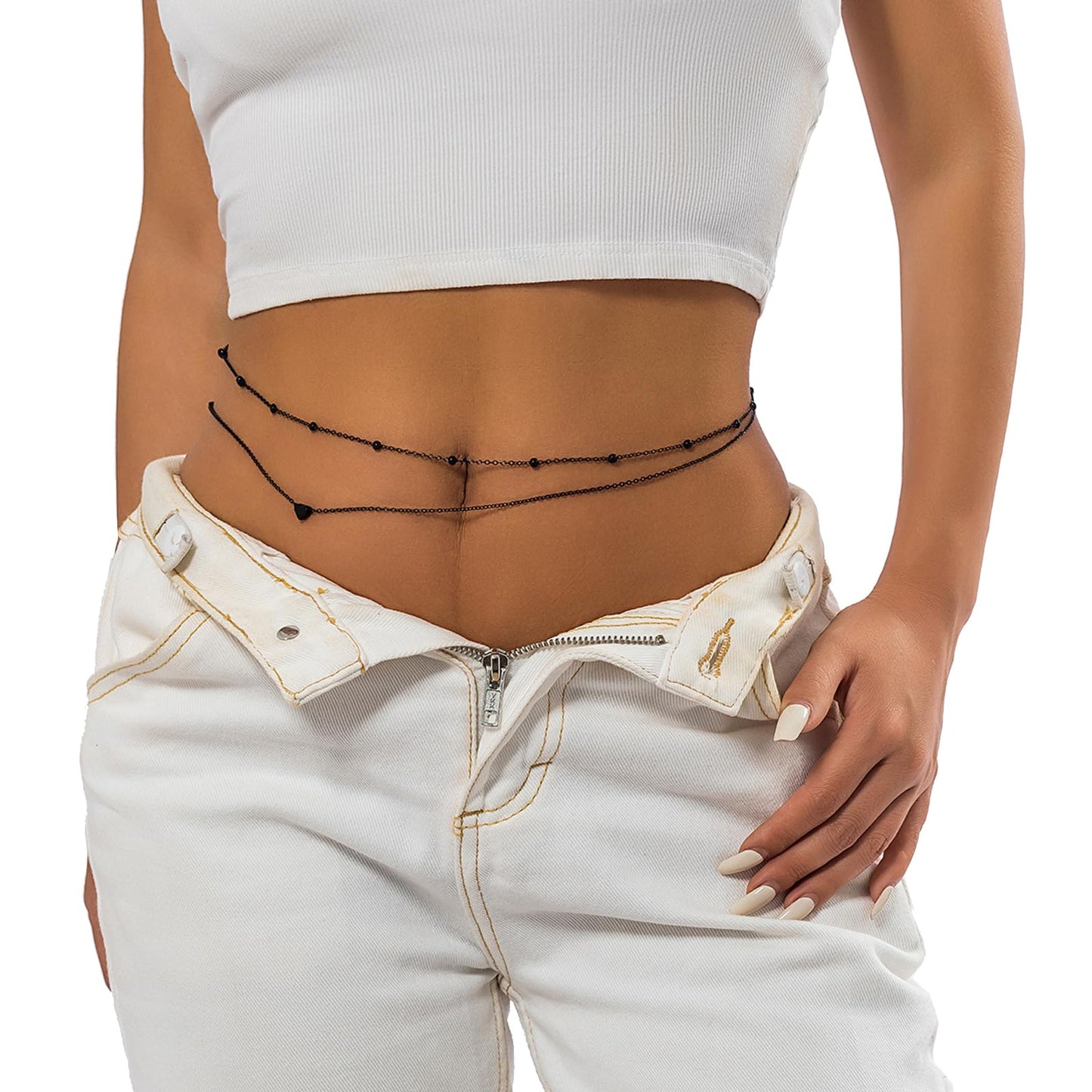 Simple Double-Layer Metal Bead Waist Chain Sexy Crystal Bikini Bead Belly Body Chain Summer Beach Waist Body Accessories Jewelry for Women (Black)