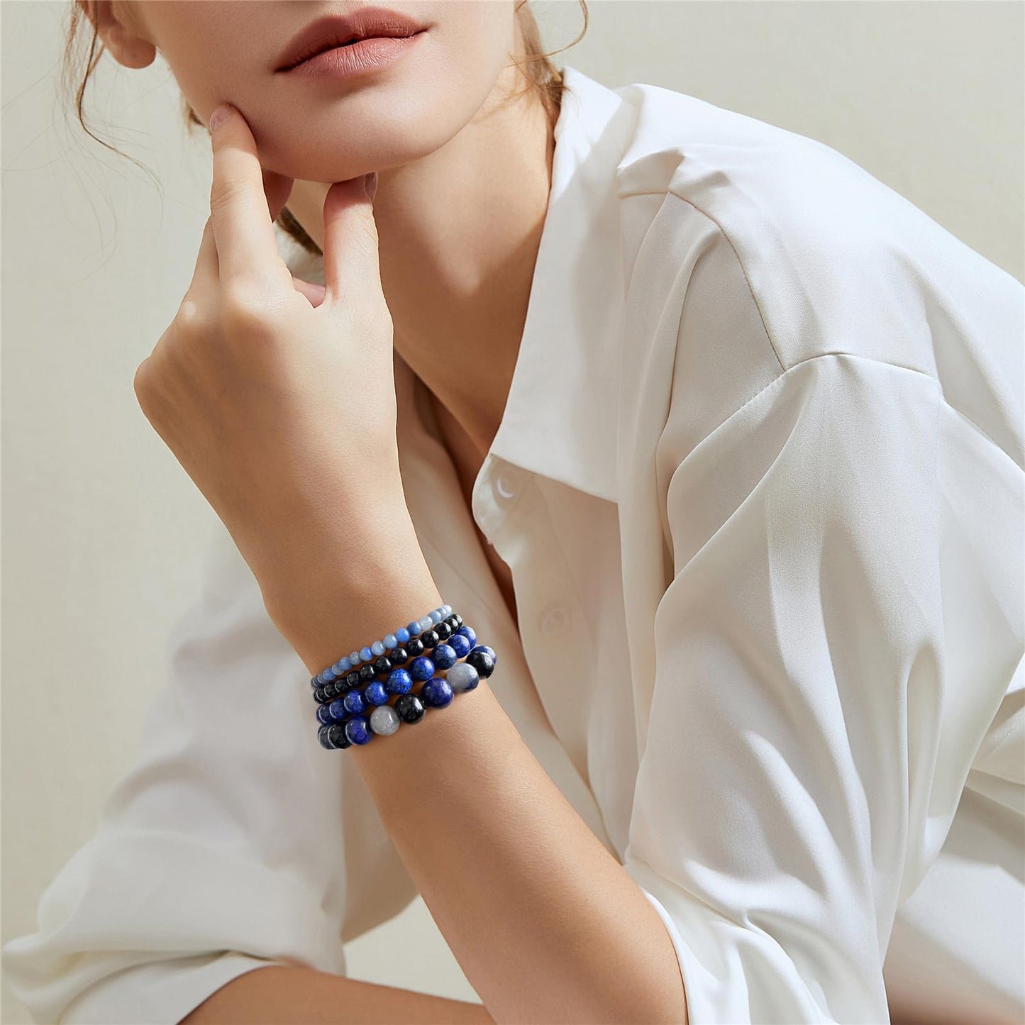 Vinswet 4pcs Beaded Bracelets for Women, Natural Healing Crystal Gemstones, Anxiety Stress Relief Bracelet Handmade Jewelry, 7.48in, Stone, no gemstone, Blue Aventurine&Black Obsidian&lapis lazuli