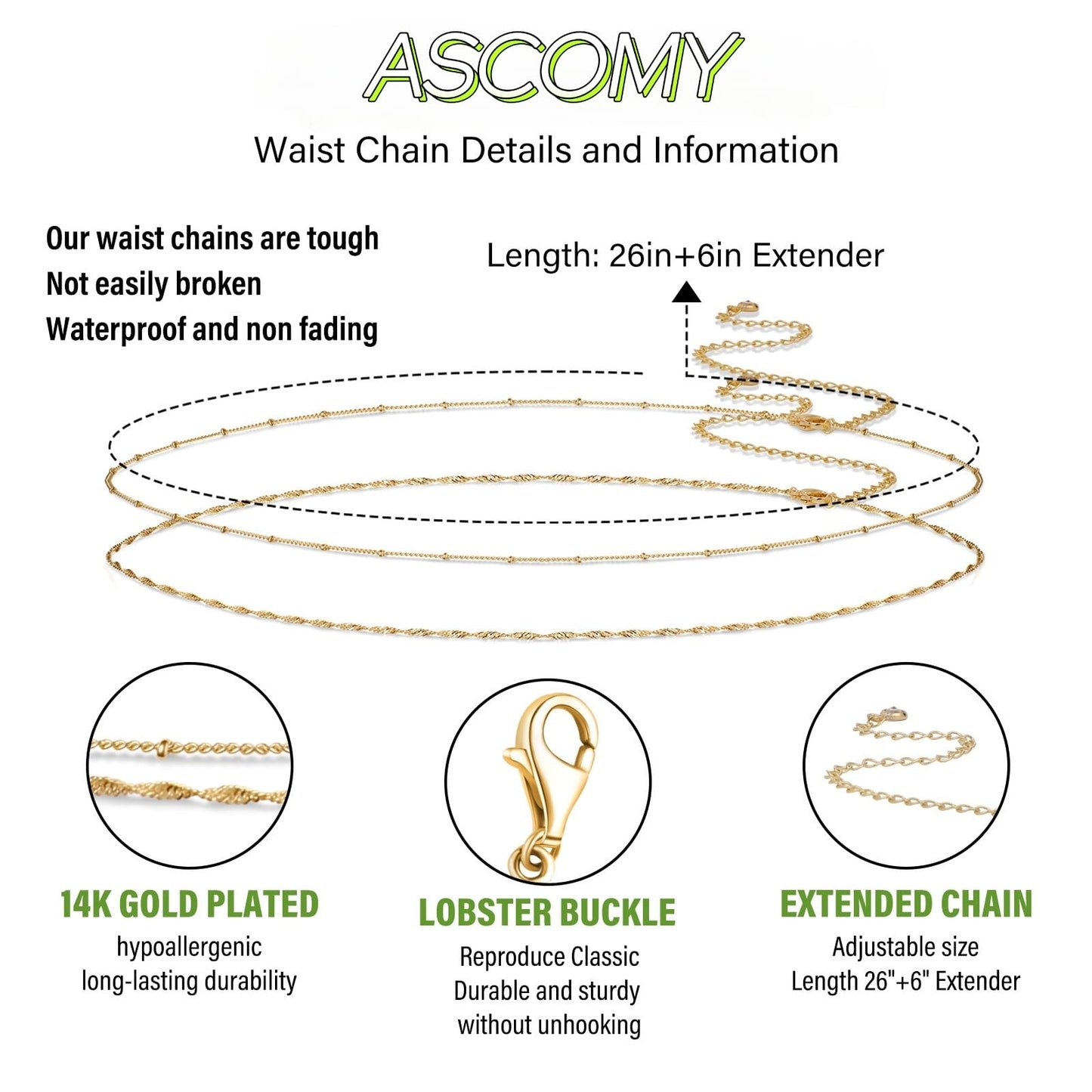 ASCOMY Waist Chains for Women 14K Gold Plated 2Pcs Body Chains Gold Waist Chain Layered Rope Satellite Belly Belt Body Chains Adjustable Bikini Body Jewelry Daily Belts Gifts for Women