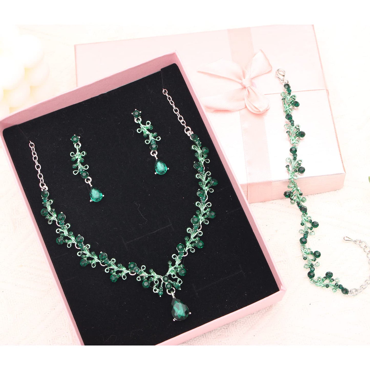 Enrwin 3Pcs Austrian Crystal Jewelry Set for Women, Necklace Dangle Earrings Link Bracelet Jewelry Set with Gold/Platinum/Gun