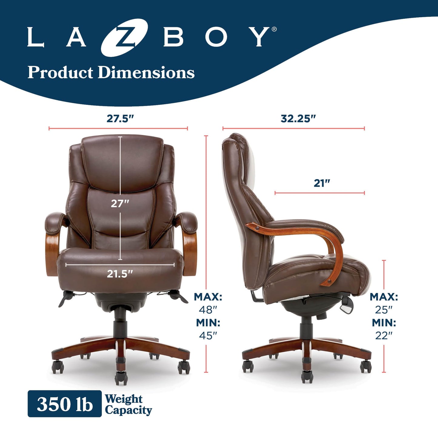 La-Z-Boy Delano Big and Tall Executive Office Chair - Ergonomic Lumbar Support Memory Foam - Bonded Leather Desk Chair for Home Office - Mahogany Wood Arms - Chestnut Brown