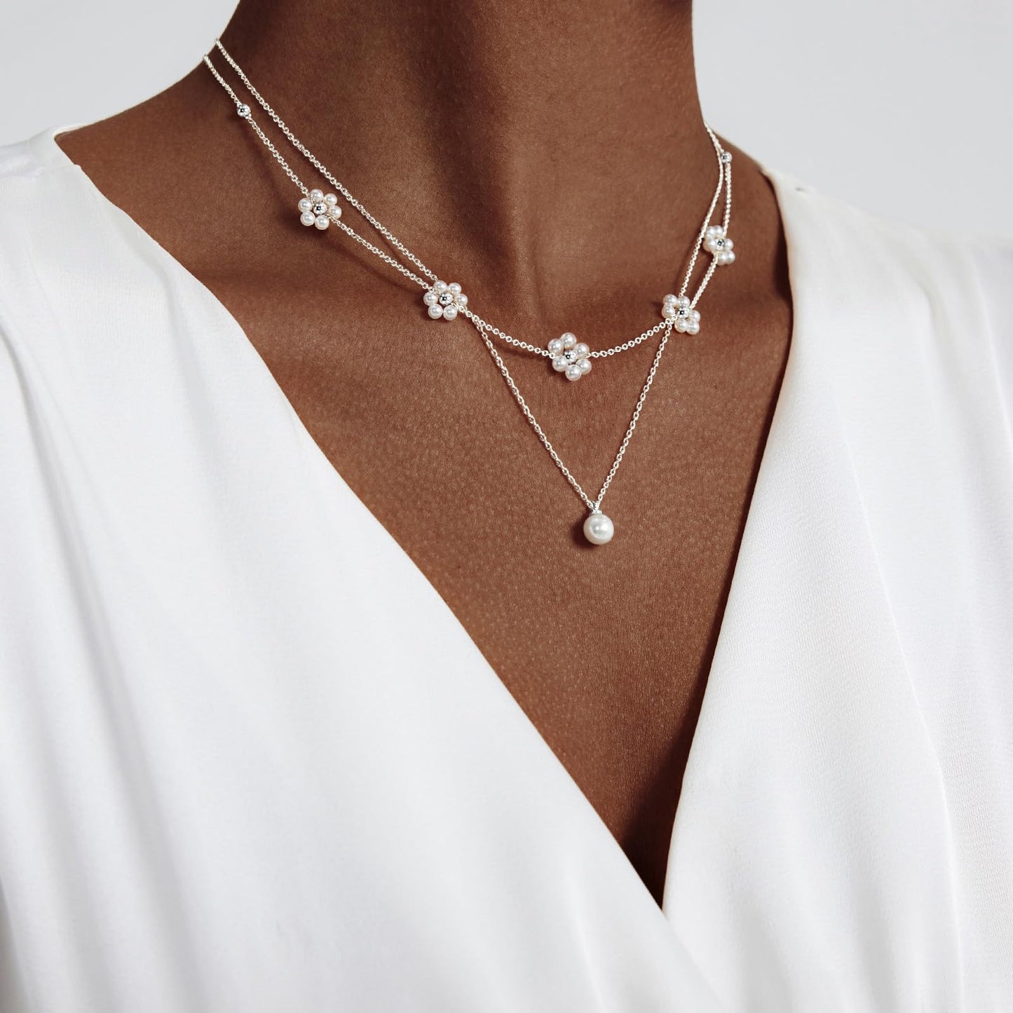 OGD Layered Silver Pearl Necklaces 925 Silver Plated Dainty Layered Single Simple Pearl Choker Chain Cute Daisy Pearls Choker Necklace Set Flower Necklaces for Women Trendy Jewelry Gifts